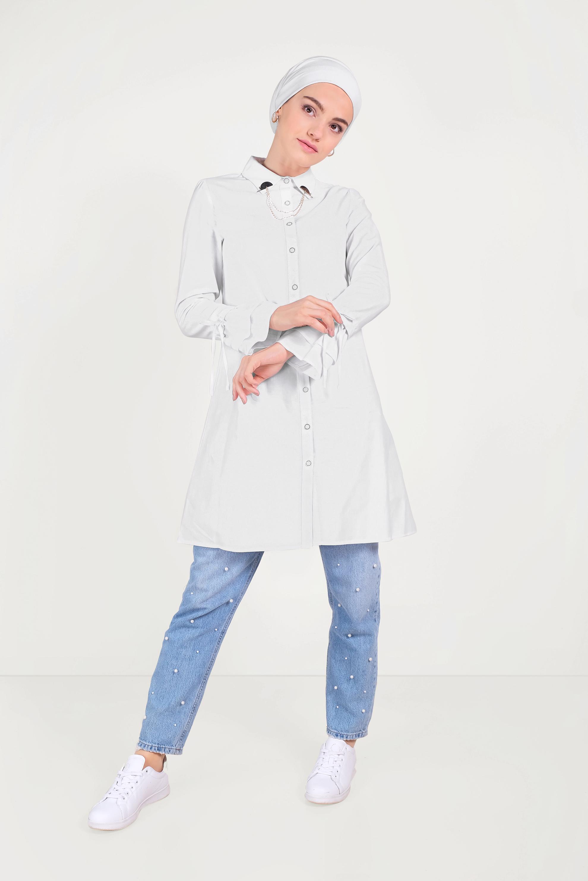 Tesettür giyim BEYAZ PAMUKLU KOLLARI BÜZGÜLÜ TUNİK 40590 