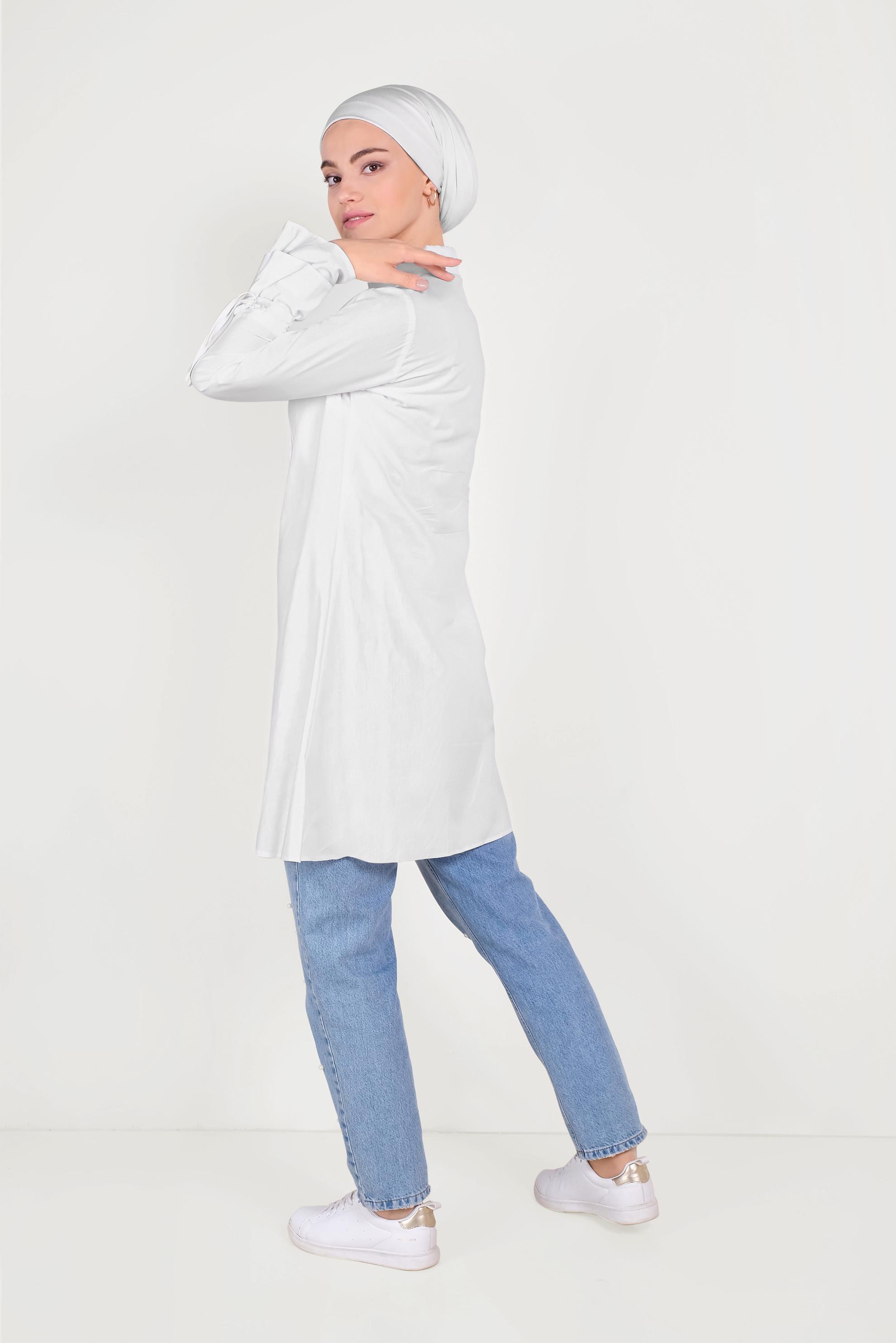 Tesettür giyim BEYAZ PAMUKLU KOLLARI BÜZGÜLÜ TUNİK 40590 