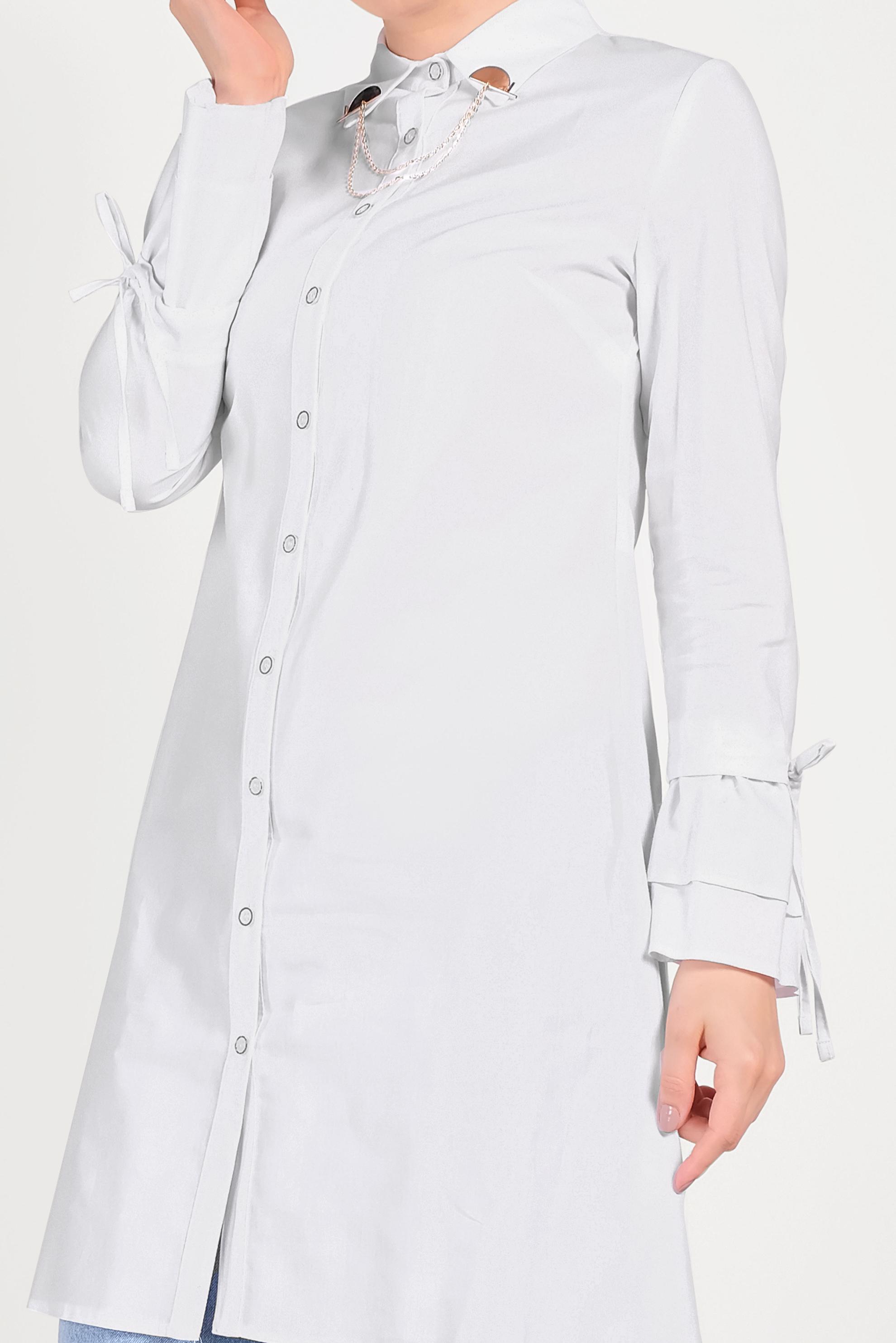 Tesettür giyim BEYAZ PAMUKLU KOLLARI BÜZGÜLÜ TUNİK 40590 