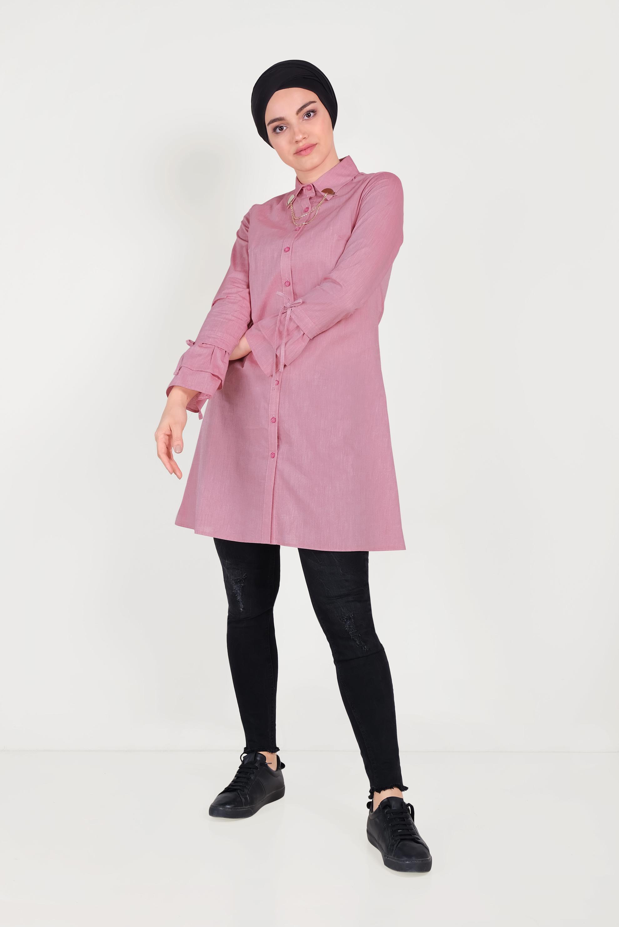 Tesettür giyim KIRMIZI PAMUKLU KOLLARI BÜZGÜLÜ TUNİK 40590 