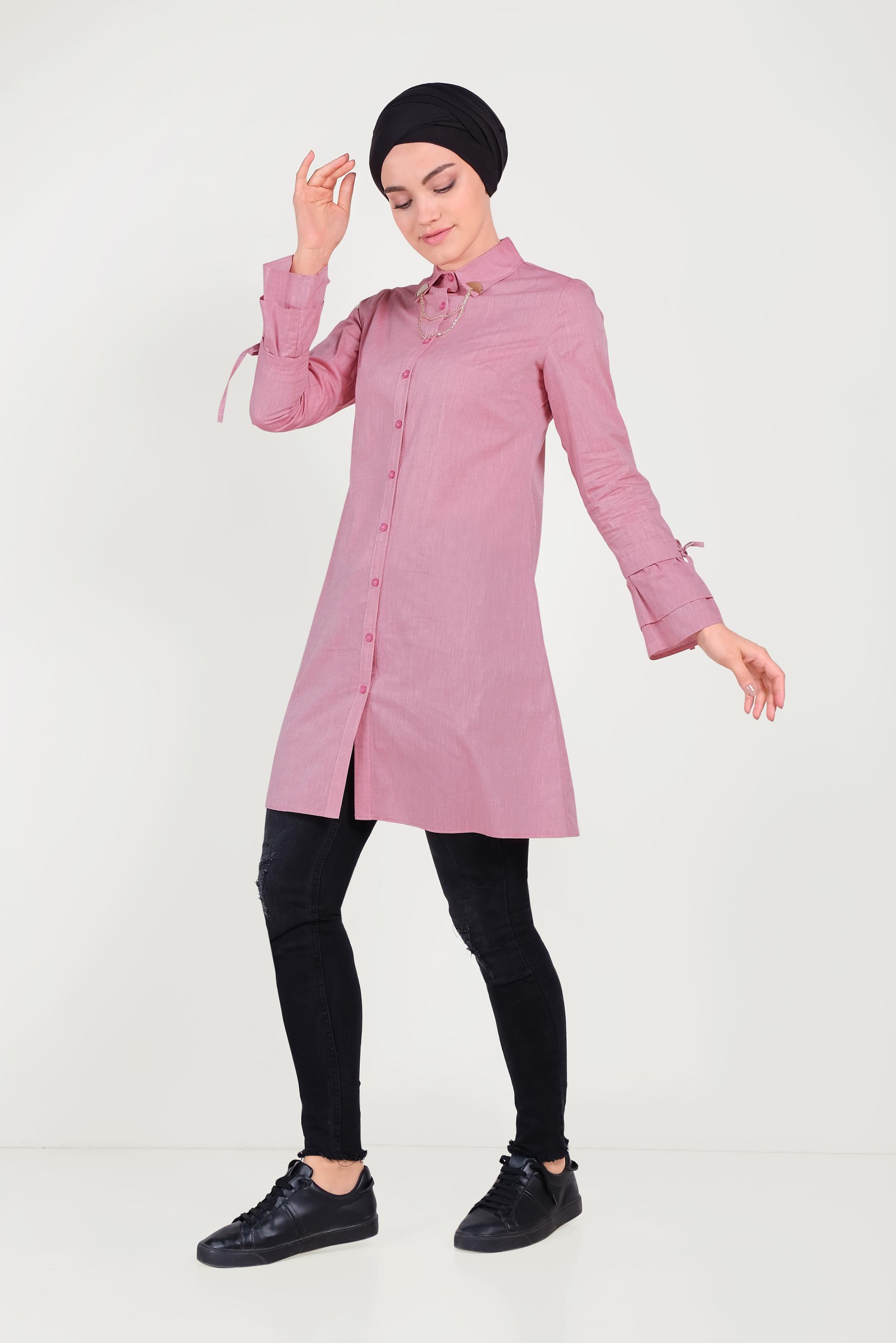 Tesettür giyim KIRMIZI PAMUKLU KOLLARI BÜZGÜLÜ TUNİK 40590 