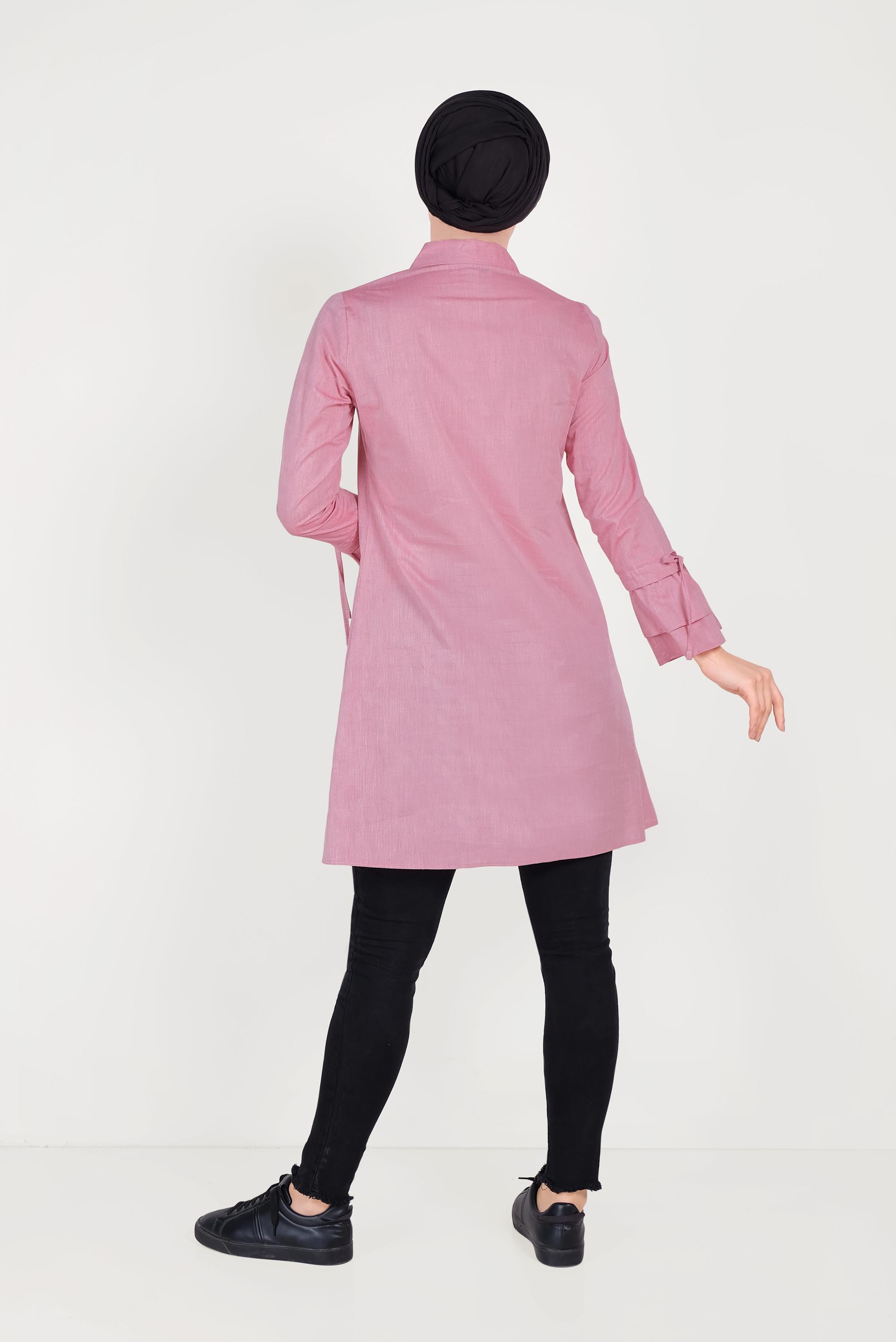 Tesettür giyim KIRMIZI PAMUKLU KOLLARI BÜZGÜLÜ TUNİK 40590 