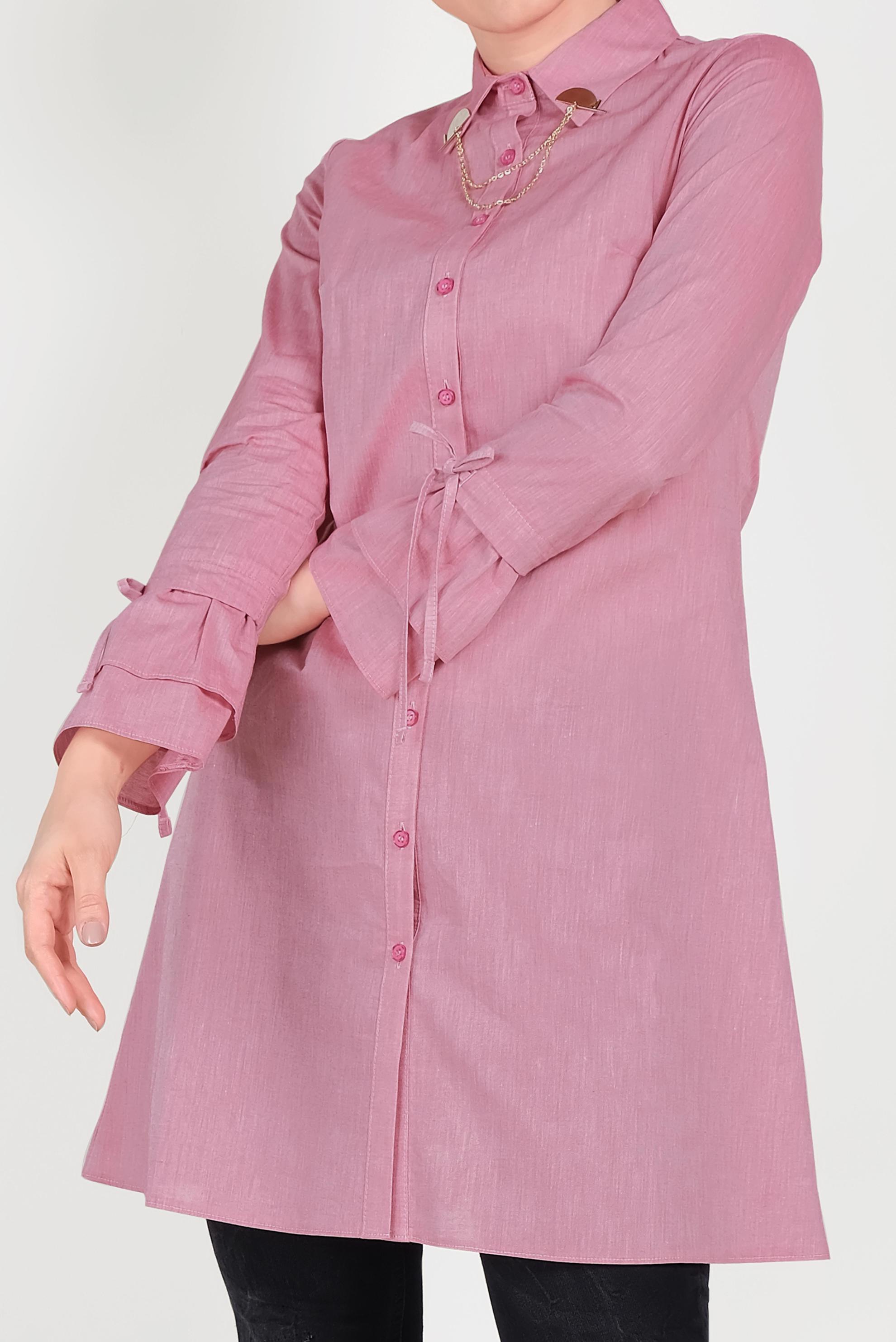 Tesettür giyim KIRMIZI PAMUKLU KOLLARI BÜZGÜLÜ TUNİK 40590 