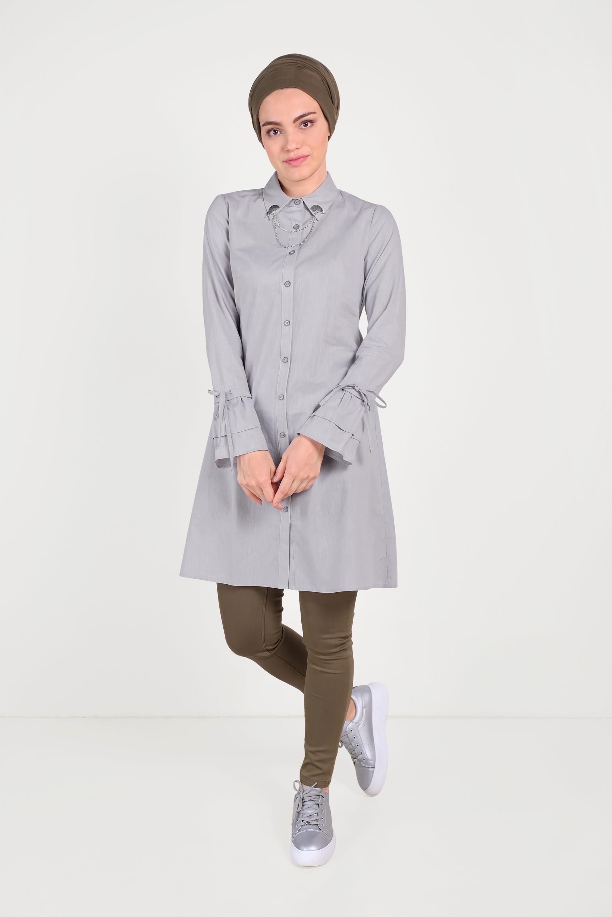 Tesettür giyim GRİ PAMUKLU KOLLARI BÜZGÜLÜ TUNİK 40590 