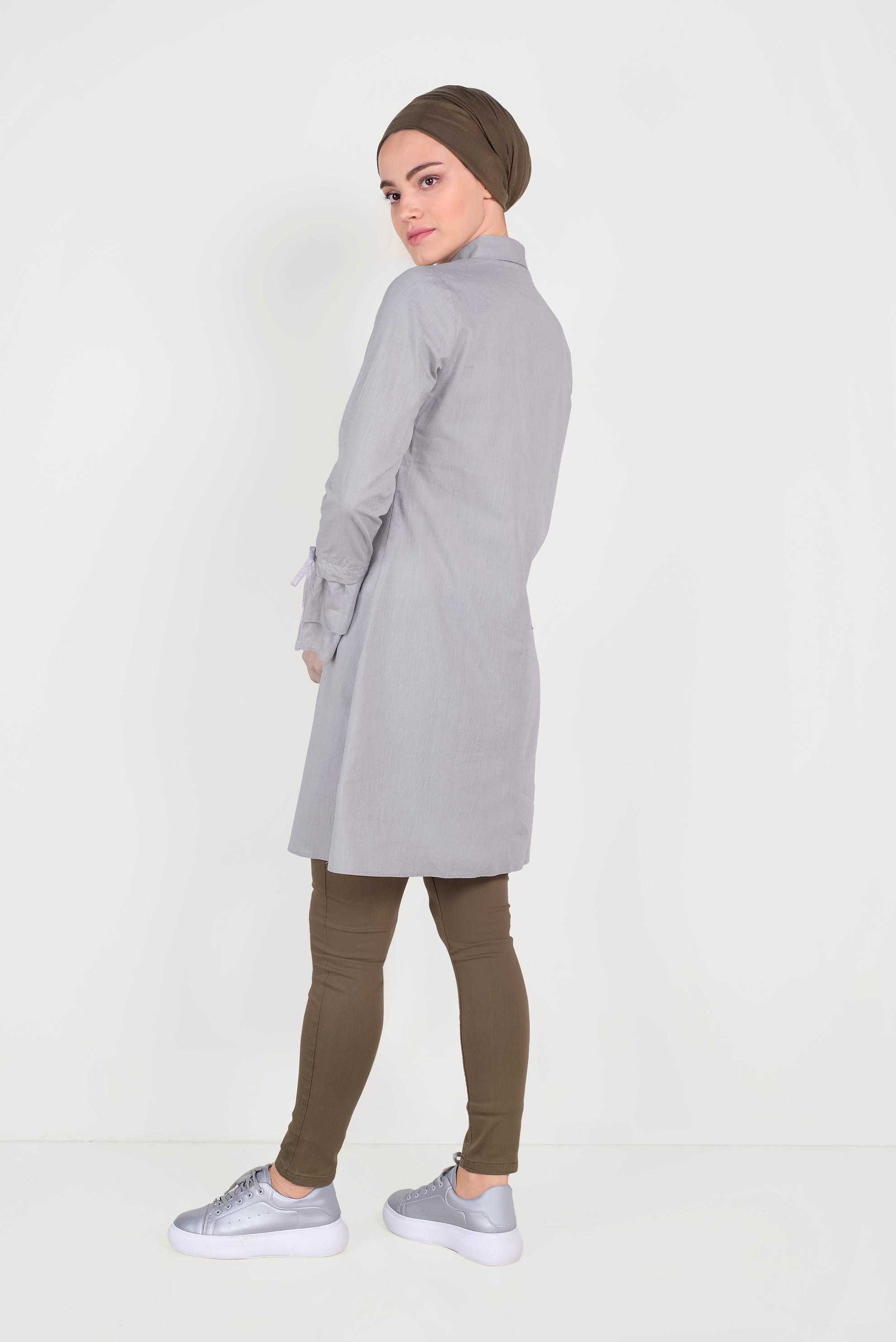 Tesettür giyim GRİ PAMUKLU KOLLARI BÜZGÜLÜ TUNİK 40590 