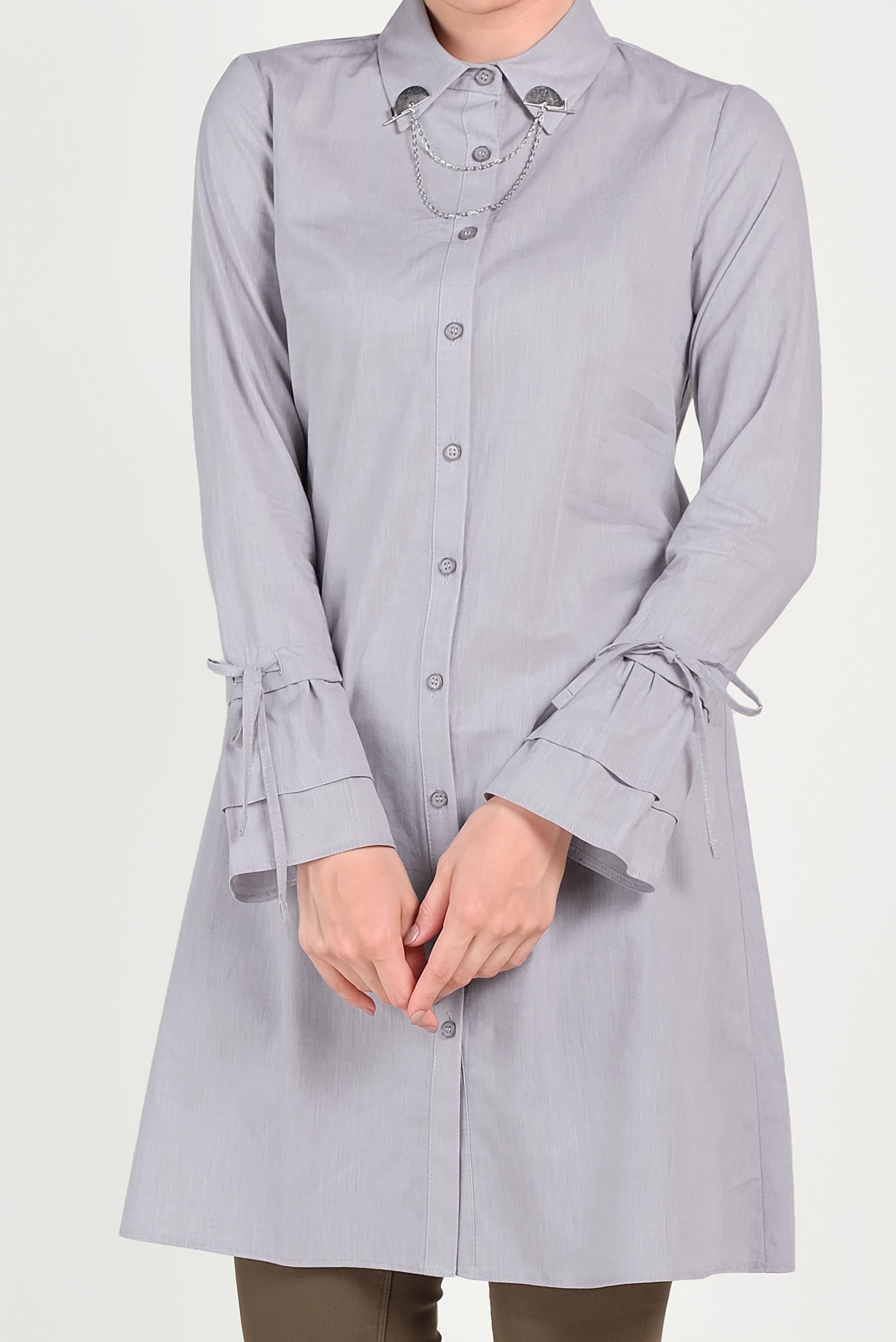 Tesettür giyim GRİ PAMUKLU KOLLARI BÜZGÜLÜ TUNİK 40590 