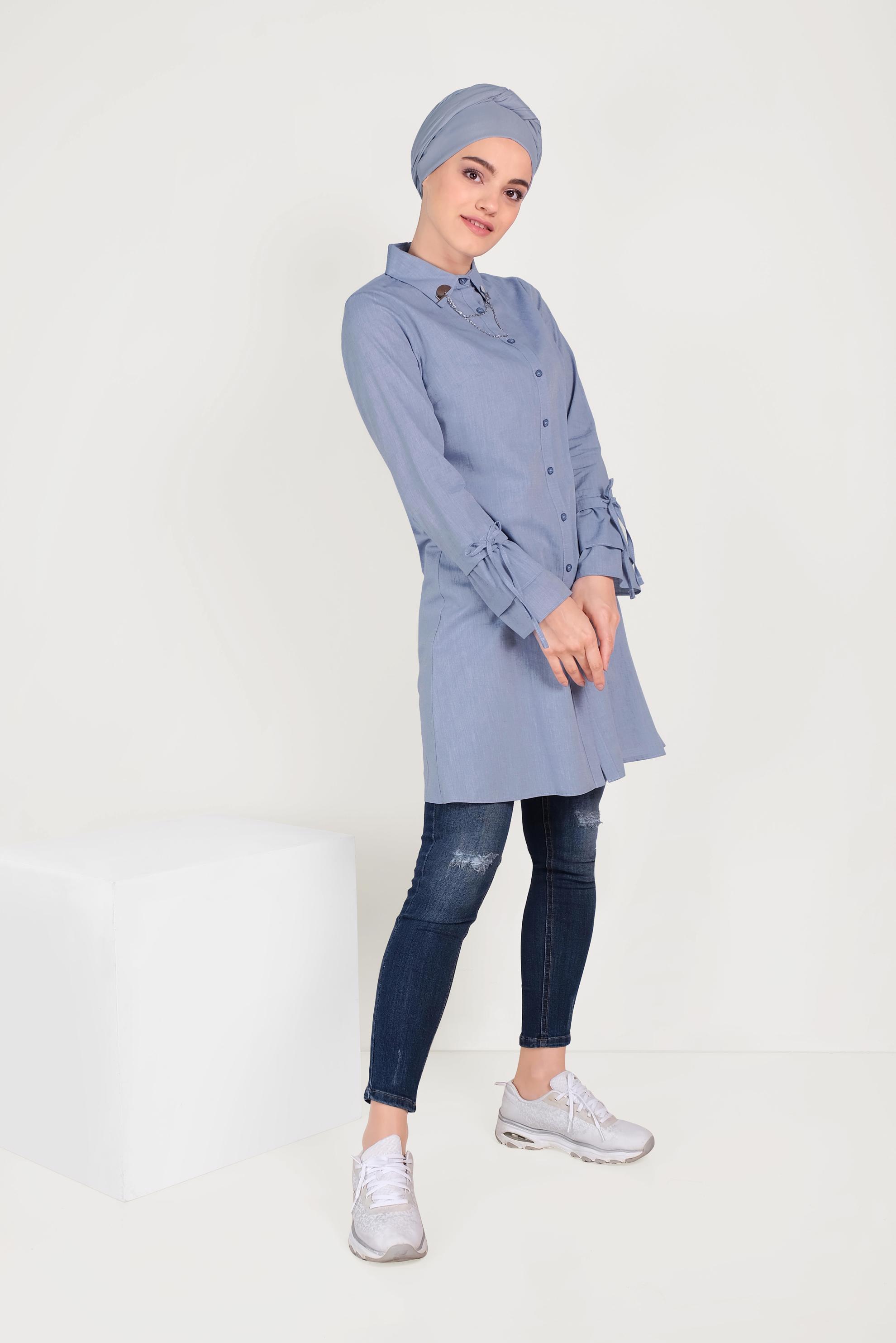 Tesettür giyim LACİVERT PAMUKLU KOLLARI BÜZGÜLÜ TUNİK 40590 