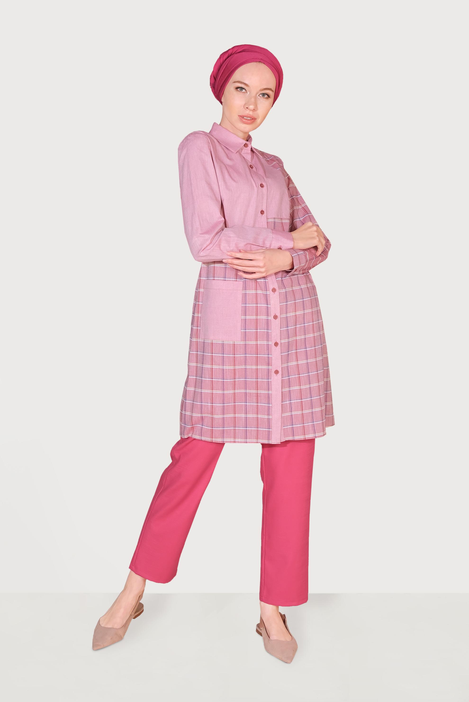 Tesettür giyim KIRMIZI PAMUKLU KARE DESENLİ TUNİK 40591 