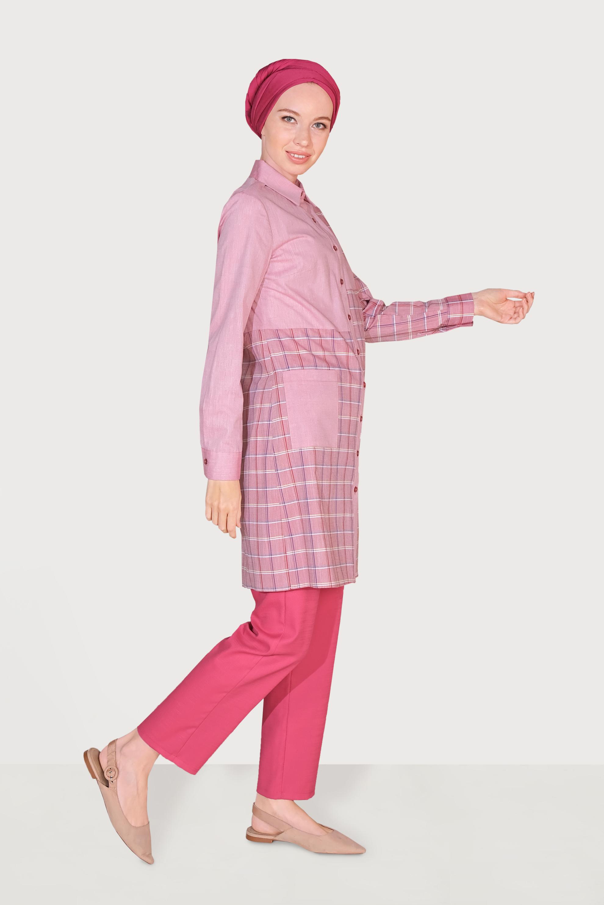 Tesettür giyim KIRMIZI PAMUKLU KARE DESENLİ TUNİK 40591 