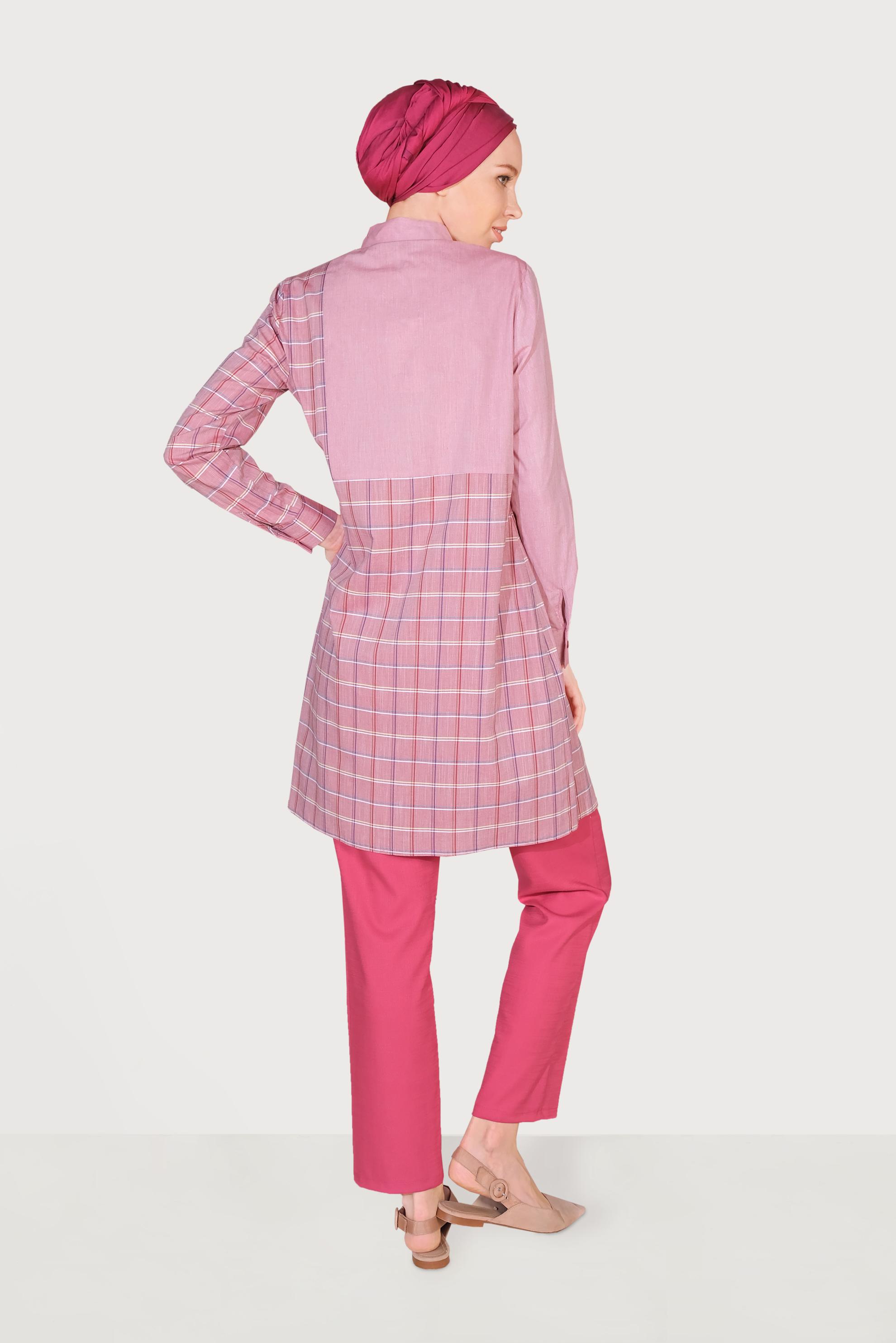 Tesettür giyim KIRMIZI PAMUKLU KARE DESENLİ TUNİK 40591 