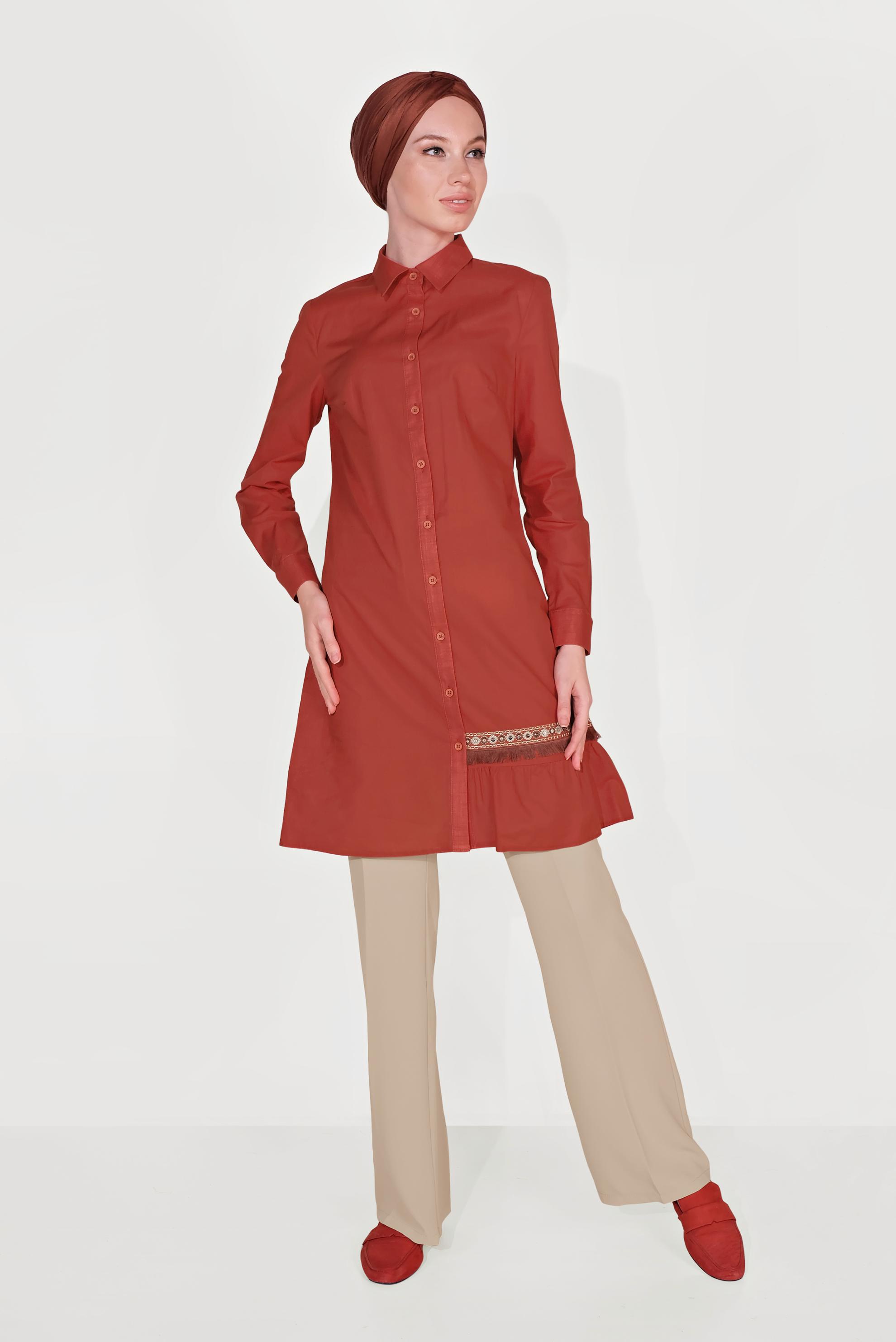 Tesettür giyim TURUNCU PAMUKLU BOYDAN DÜĞMELİ NAKIŞLI TUNİK 40593 