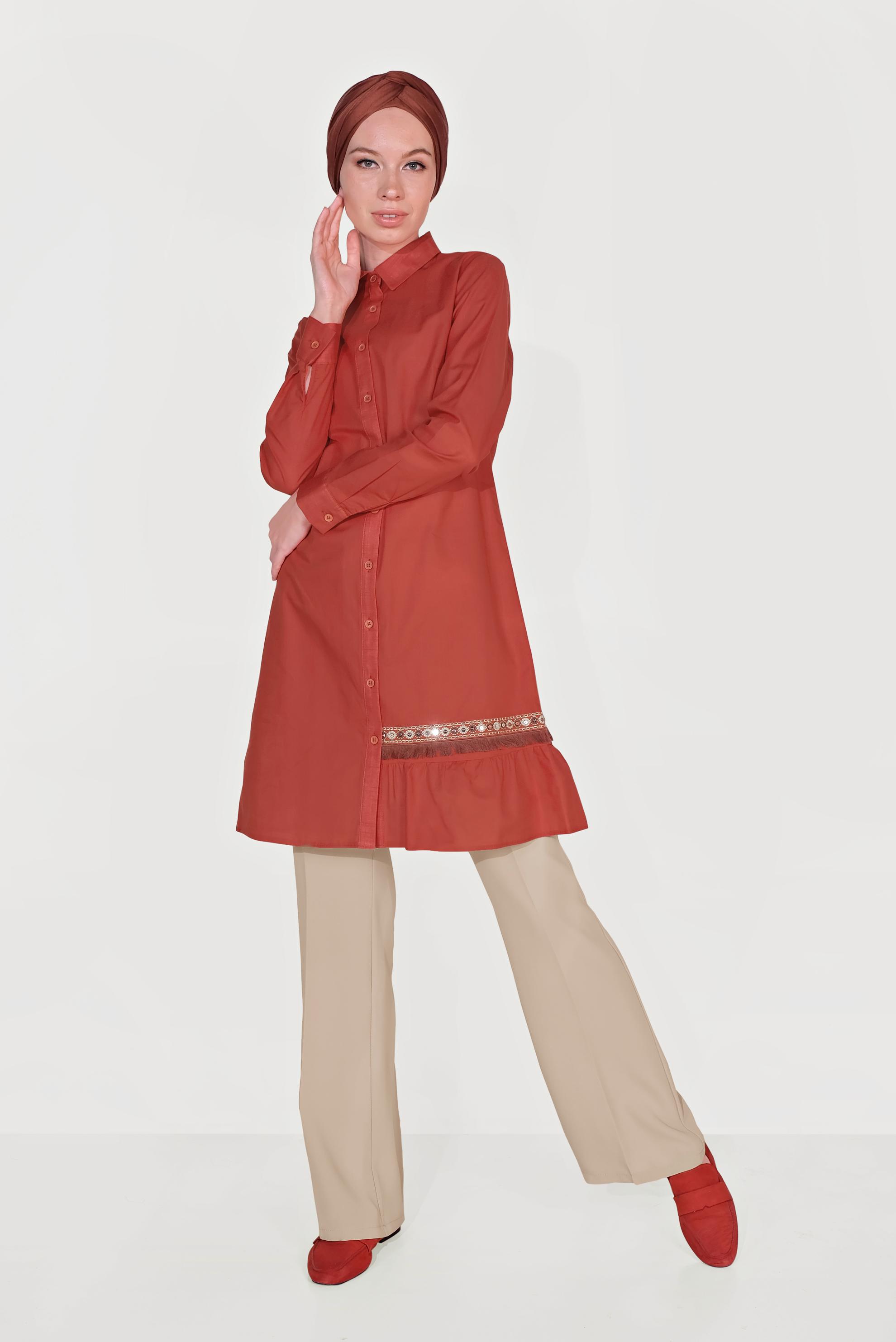 Tesettür giyim TURUNCU PAMUKLU BOYDAN DÜĞMELİ NAKIŞLI TUNİK 40593 