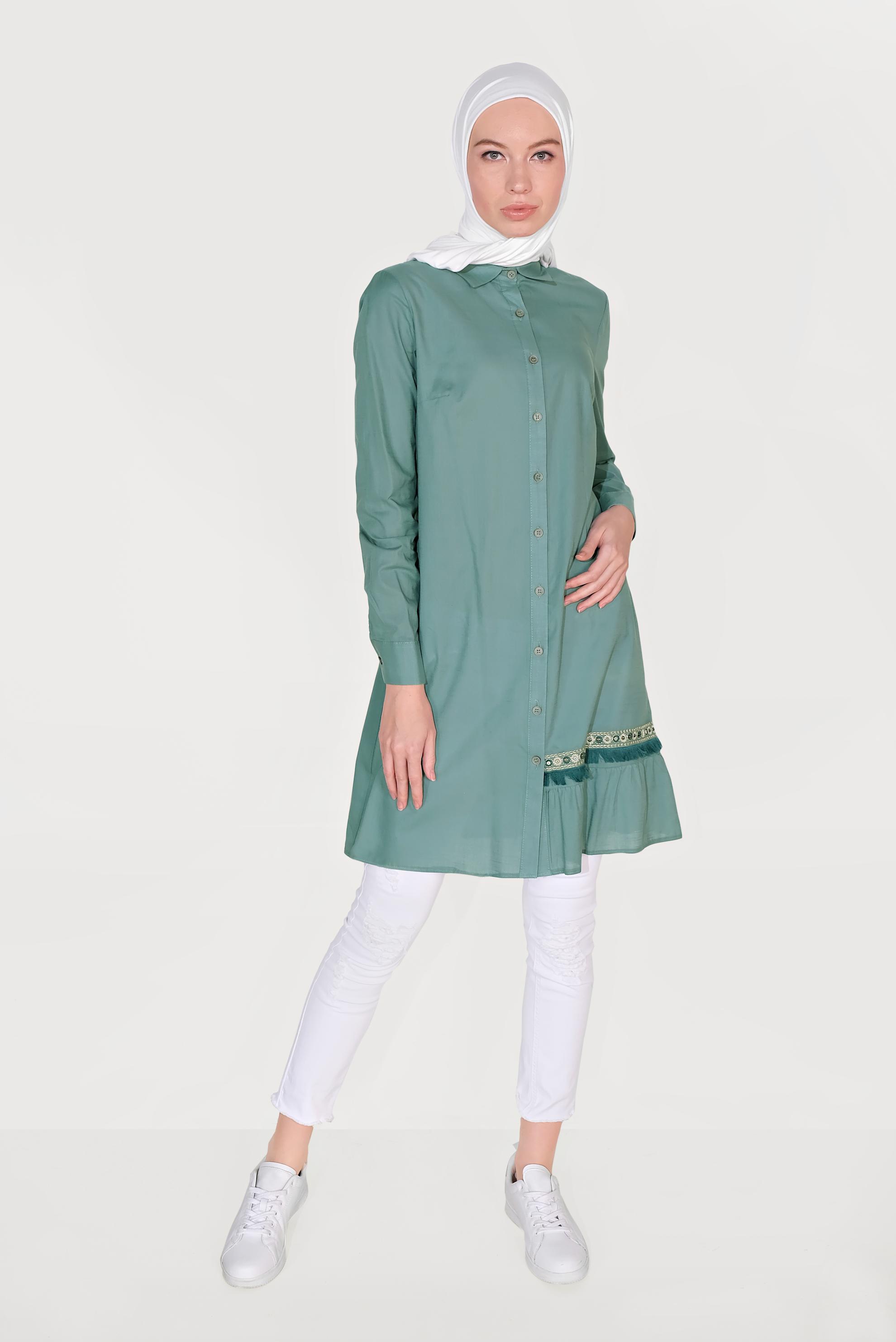 Tesettür giyim MAVİ PAMUKLU BOYDAN DÜĞMELİ NAKIŞLI TUNİK 40593 