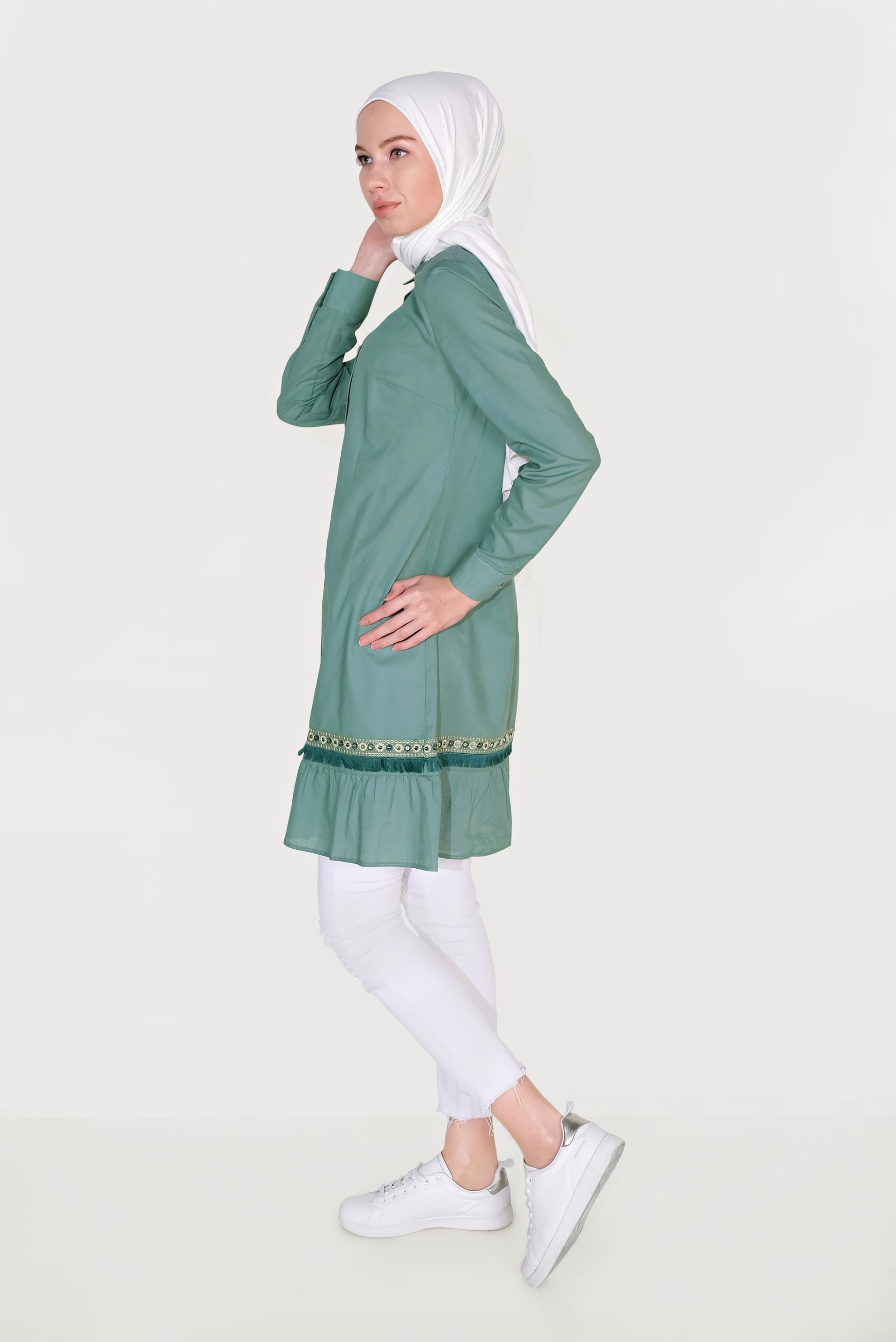 Tesettür giyim MAVİ PAMUKLU BOYDAN DÜĞMELİ NAKIŞLI TUNİK 40593 