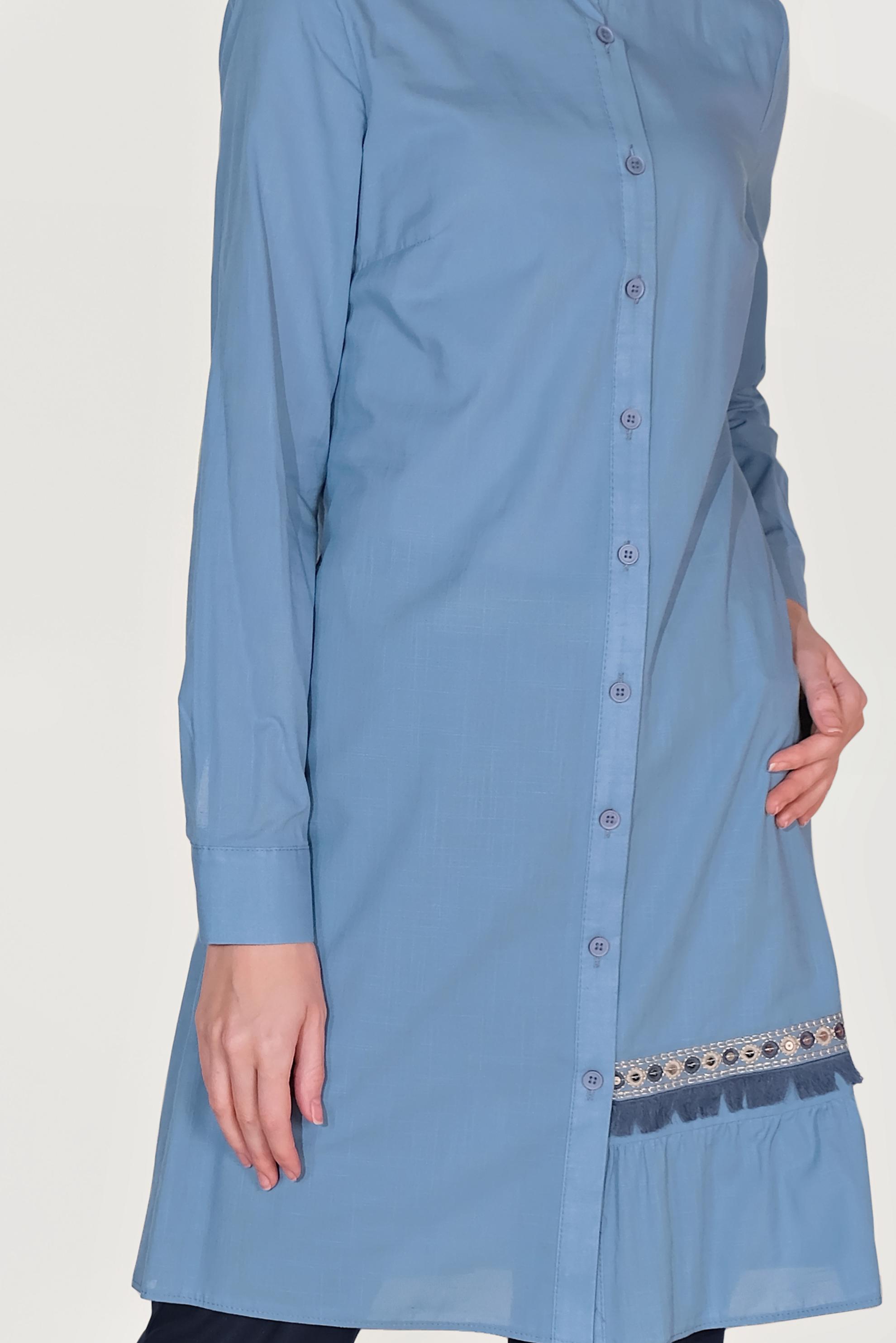 Tesettür giyim MAVİ PAMUKLU BOYDAN DÜĞMELİ NAKIŞLI TUNİK 40593 