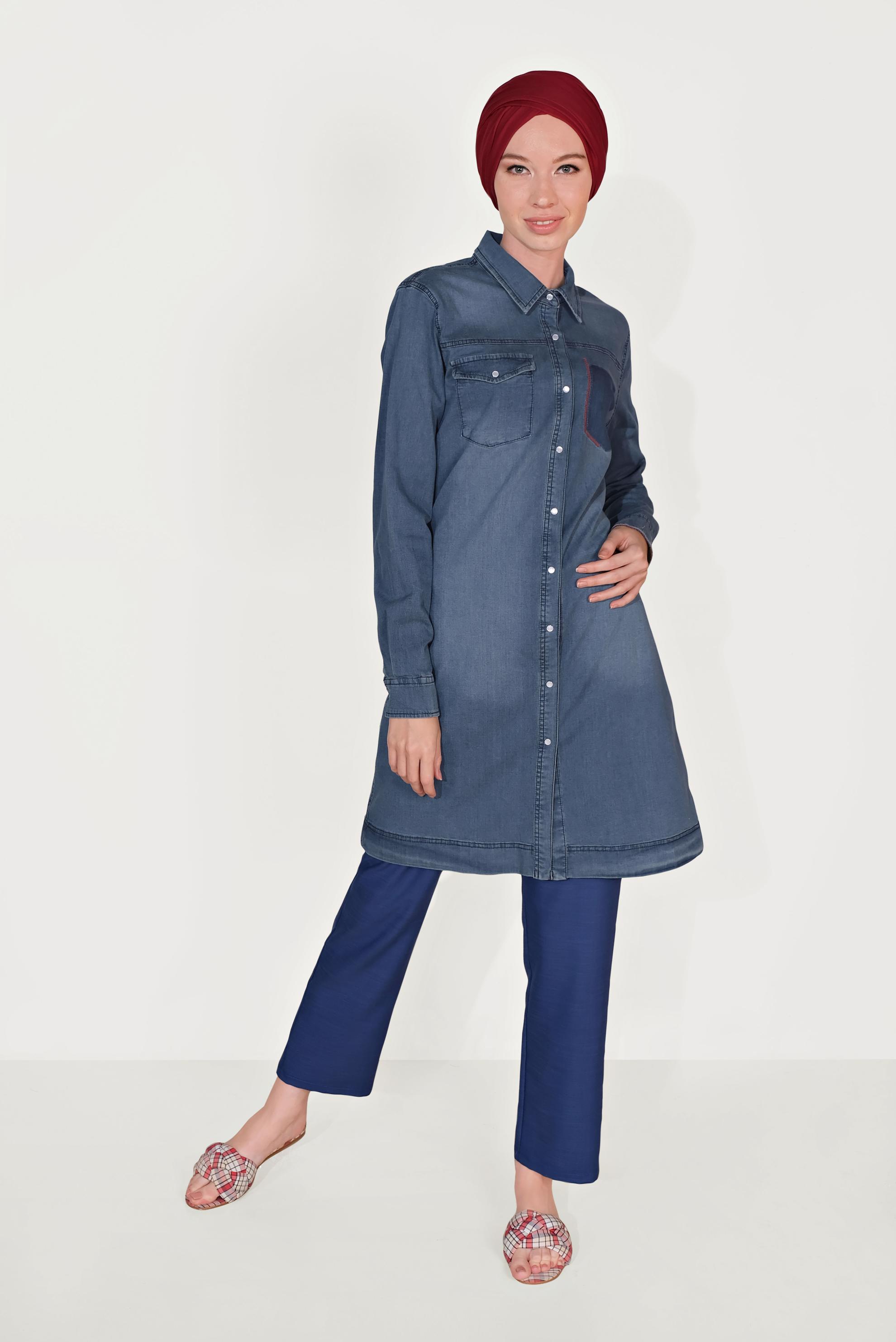 Tesettür giyim LACİVERT DENİM CEPLİ TUNİK 40594