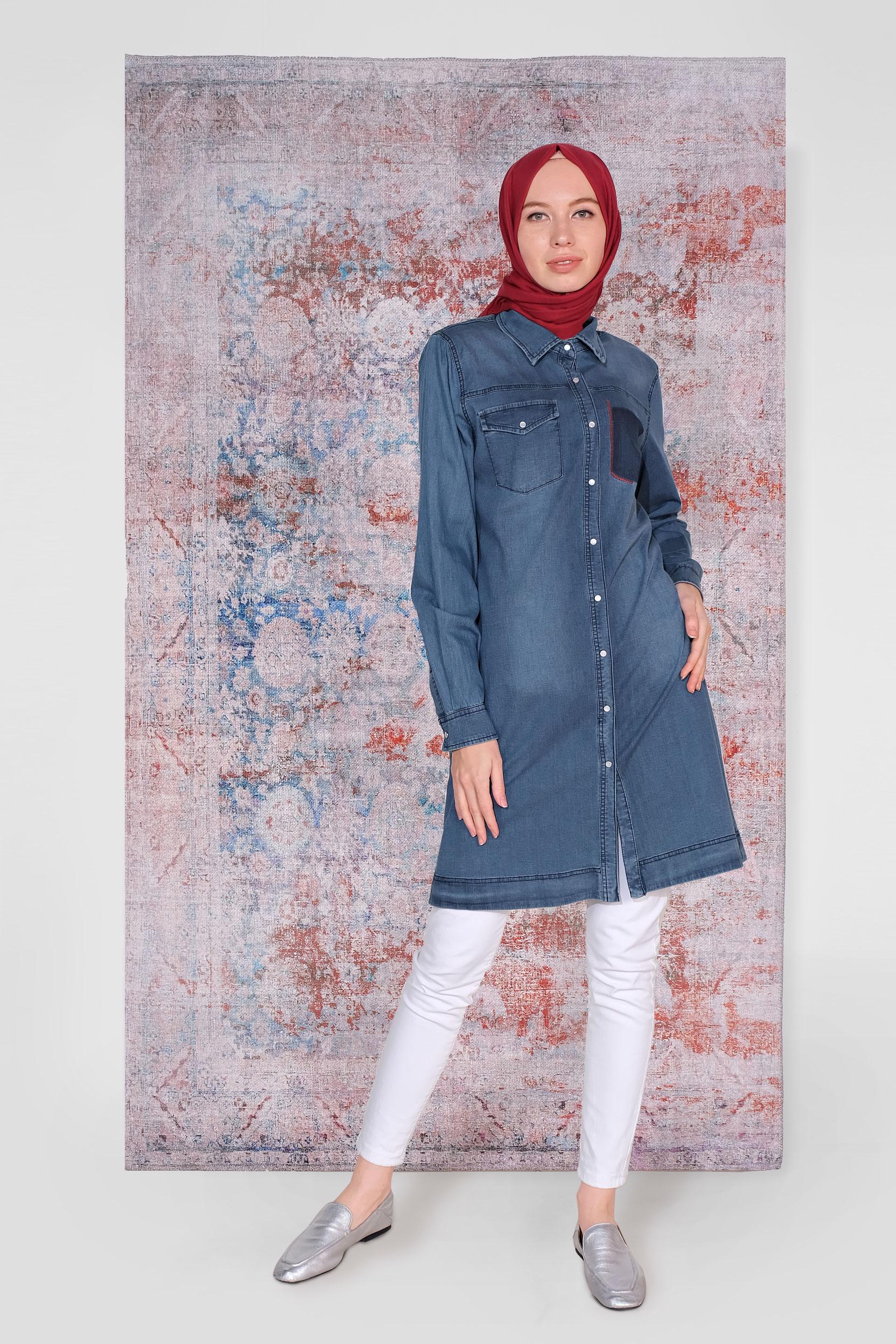 Tesettür giyim YEŞİL DENİM CEPLİ TUNİK 40594