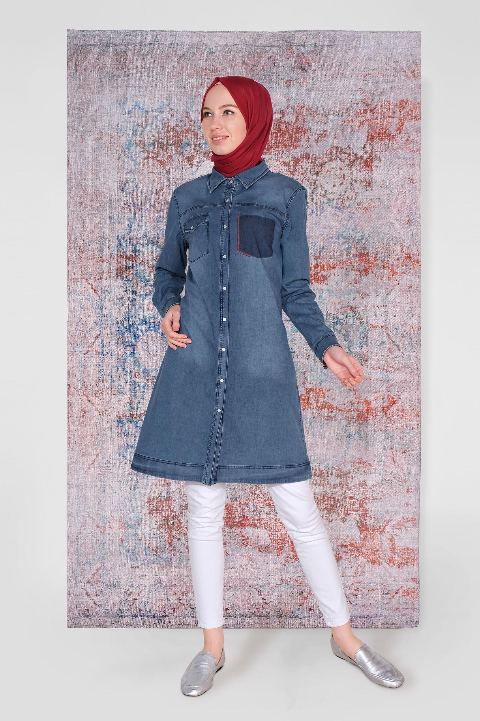 Tesettür giyim YEŞİL DENİM CEPLİ TUNİK 40594