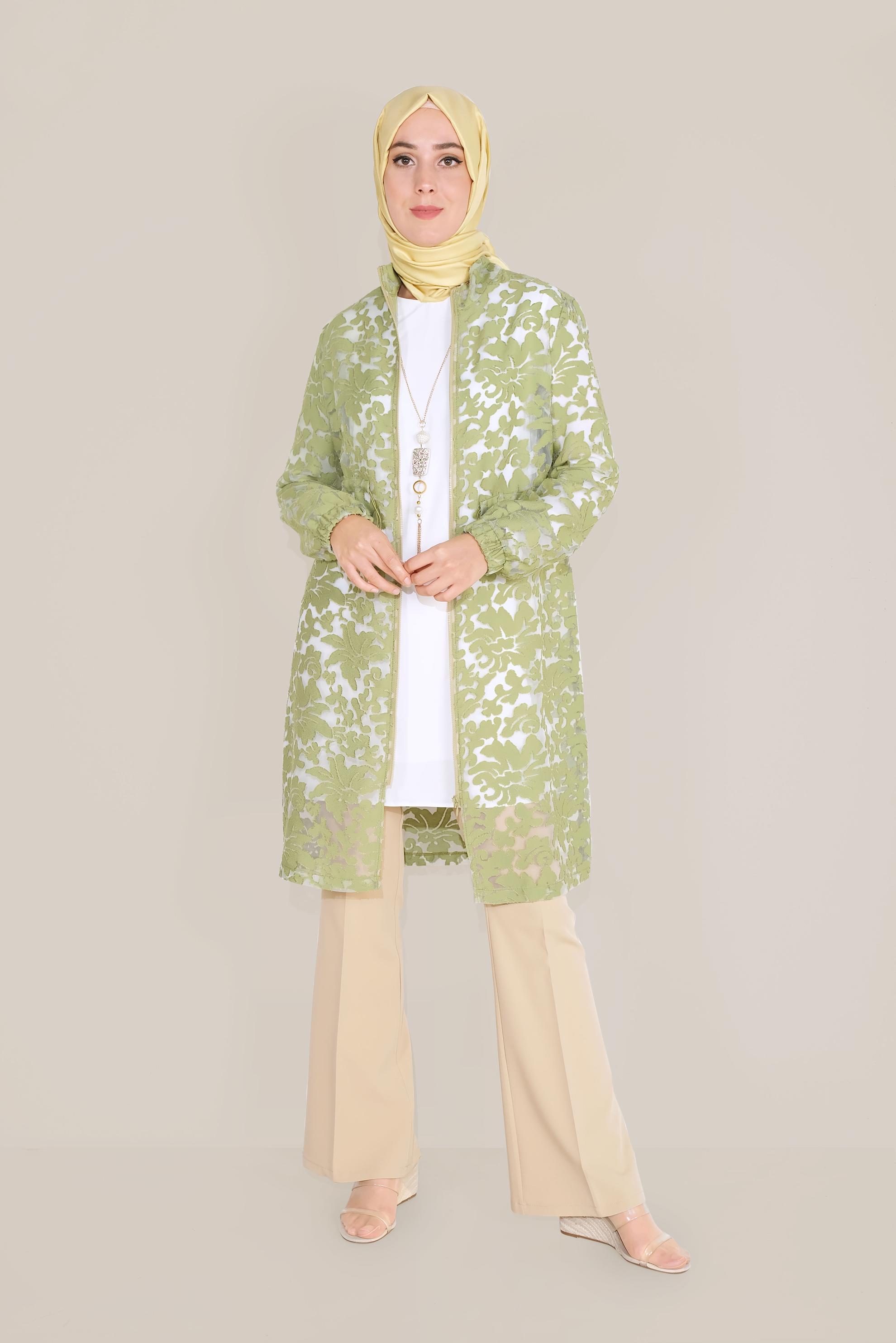 Tesettür giyim YEŞİL BELDEN BÜZGÜLÜ KABARTMALI TUNİK 40595