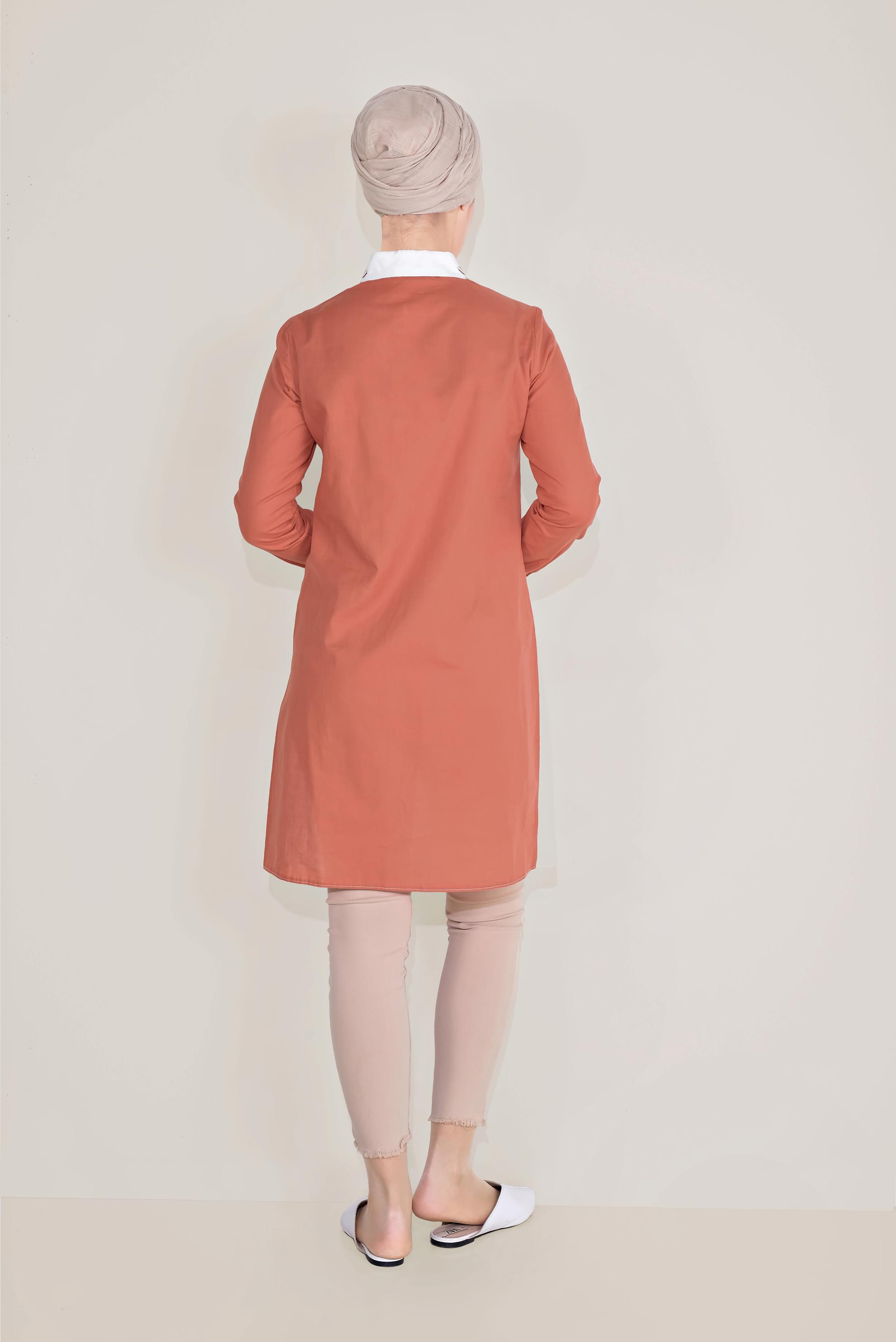 Tesettür giyim TURUNCU PAMUKLU NAKIŞLI YAKA TUNİK 40596 