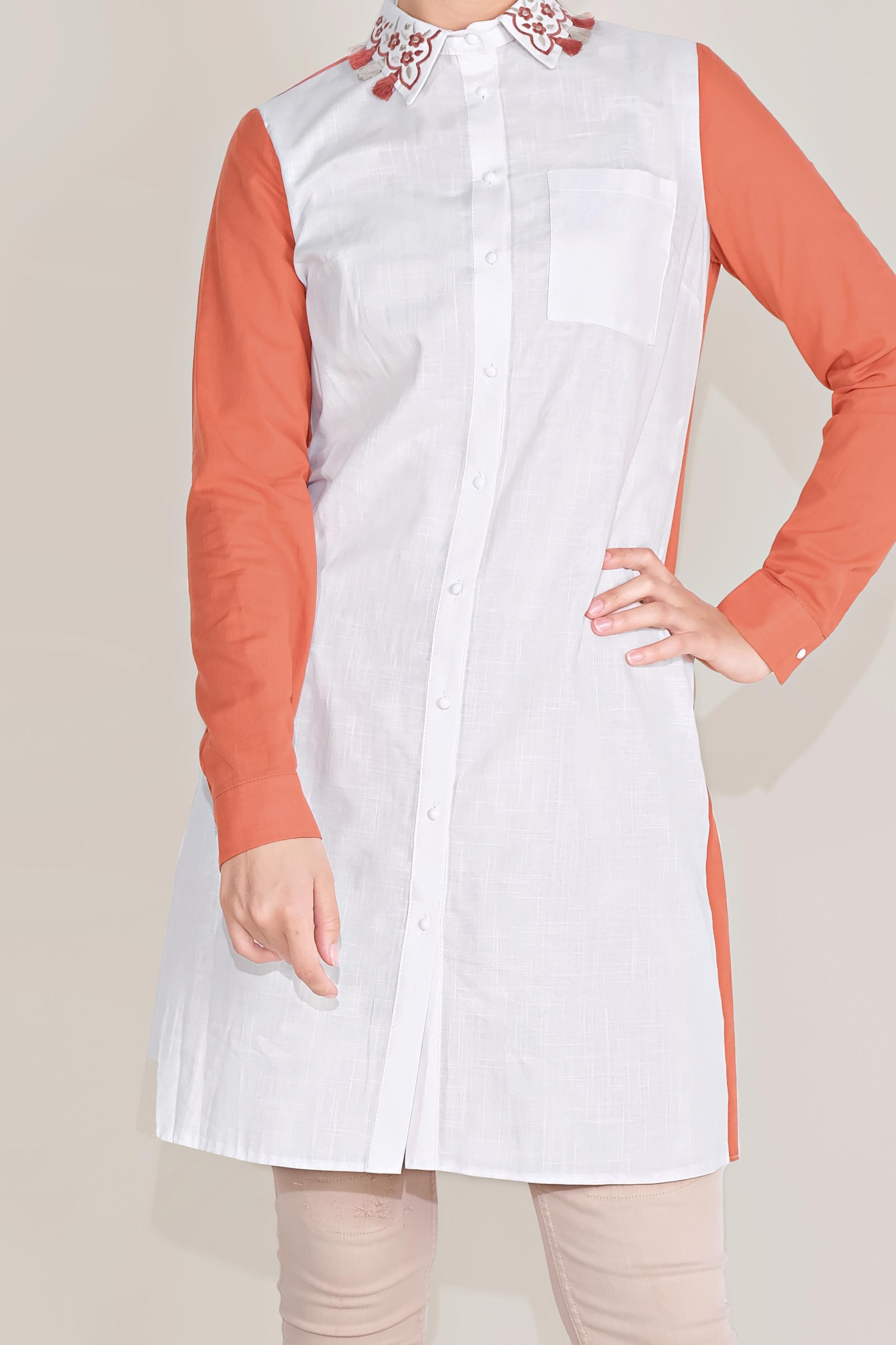 Tesettür giyim TURUNCU PAMUKLU NAKIŞLI YAKA TUNİK 40596 