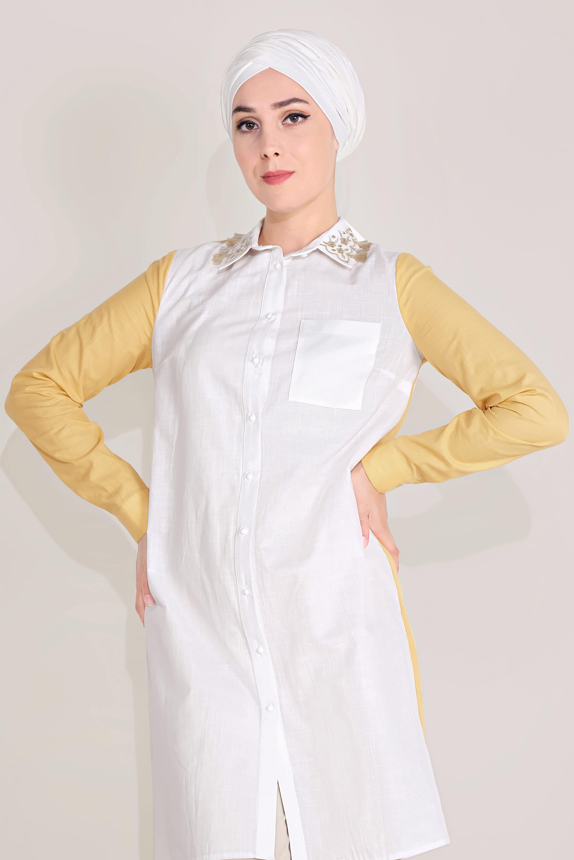 Tesettür giyim SARI PAMUKLU NAKIŞLI YAKA TUNİK 40596 