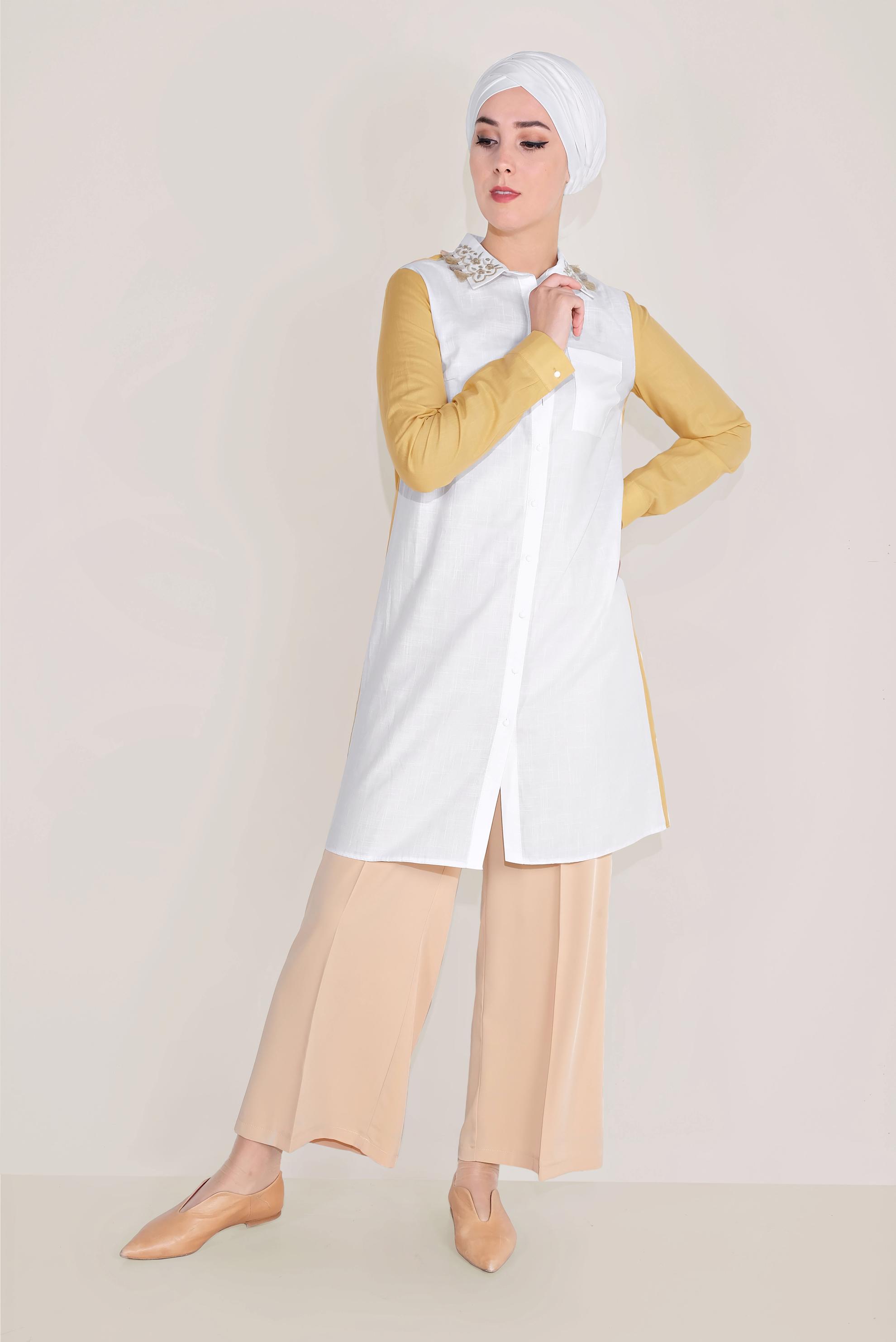 Tesettür giyim SARI PAMUKLU NAKIŞLI YAKA TUNİK 40596 