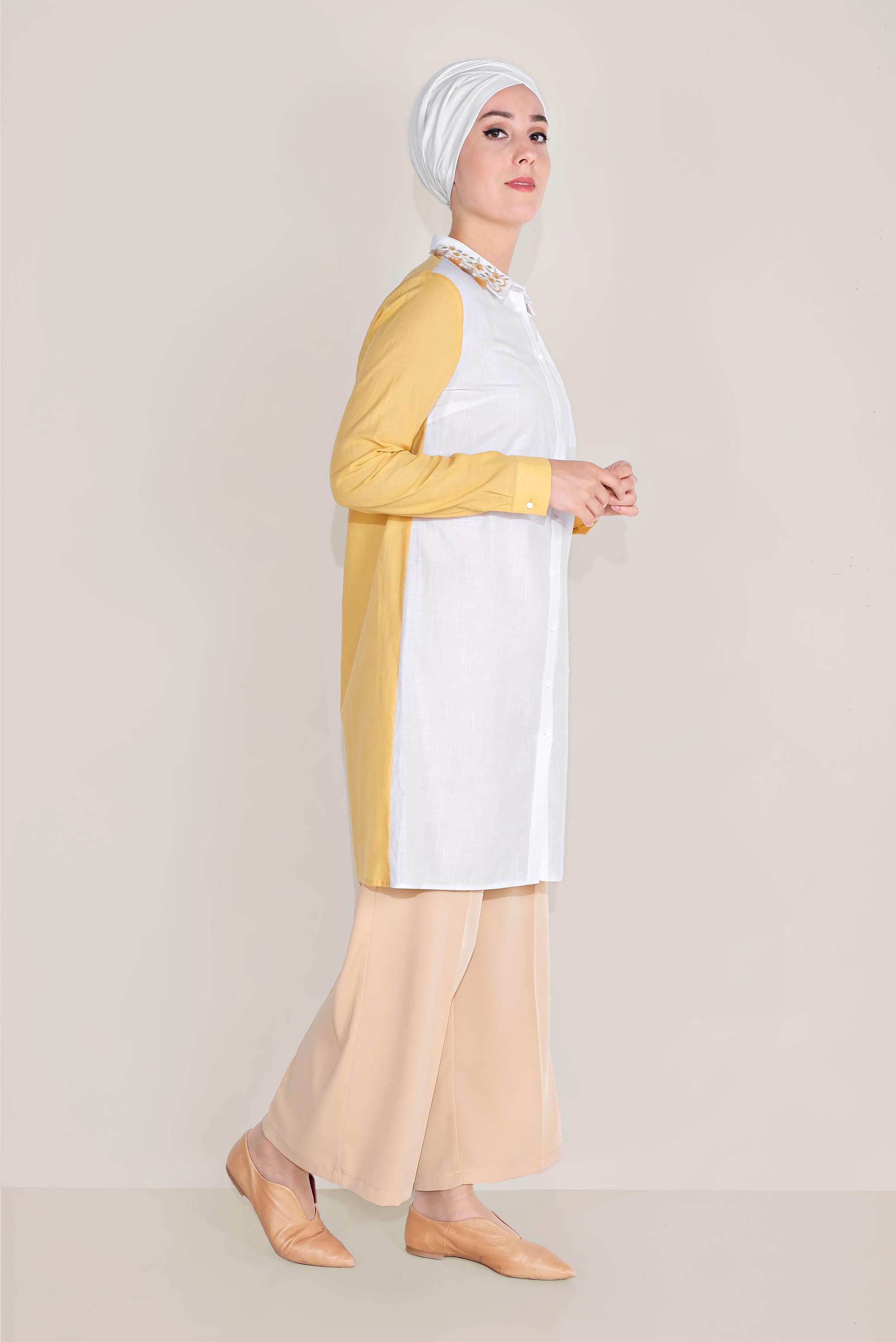Tesettür giyim SARI PAMUKLU NAKIŞLI YAKA TUNİK 40596 