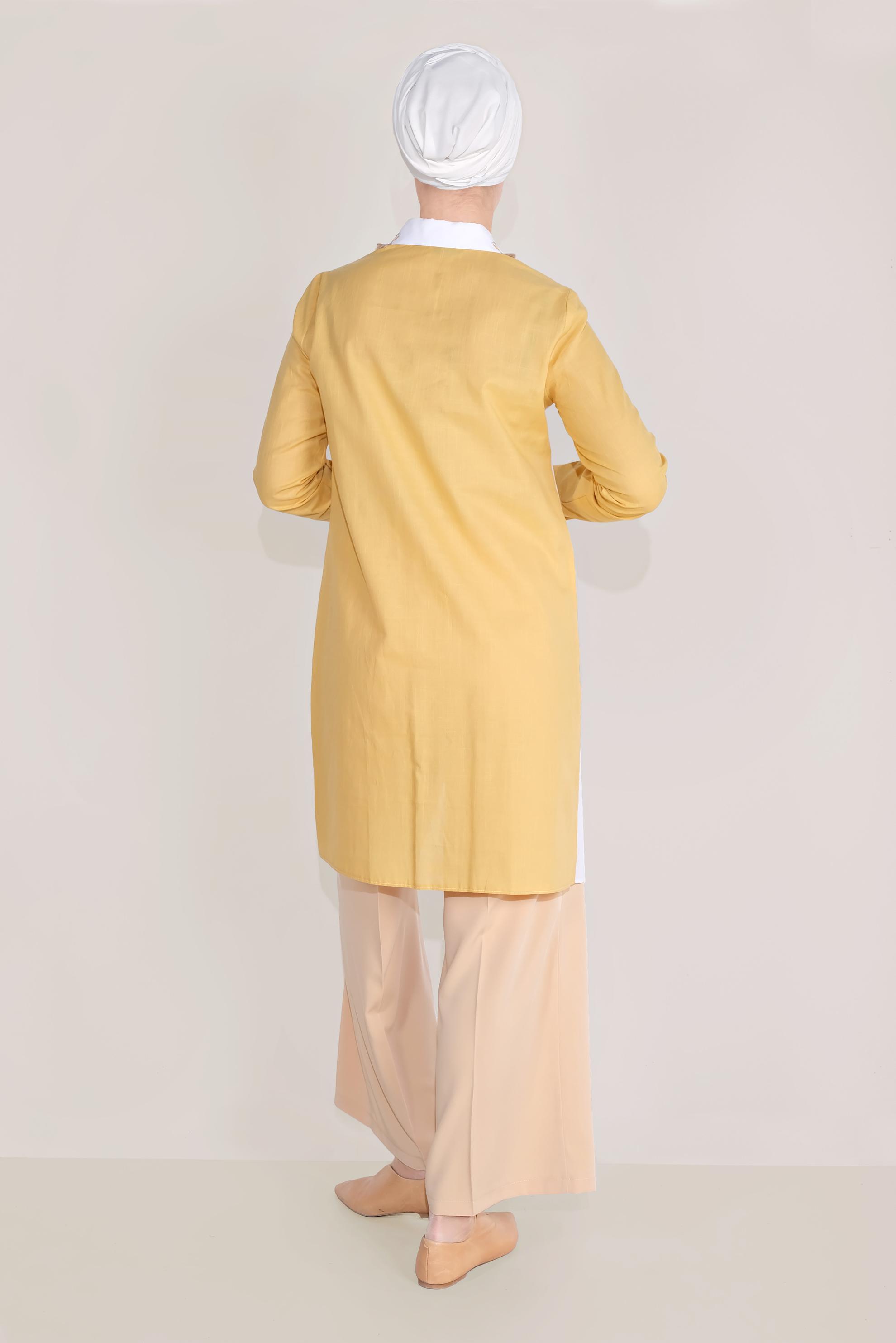 Tesettür giyim SARI PAMUKLU NAKIŞLI YAKA TUNİK 40596 