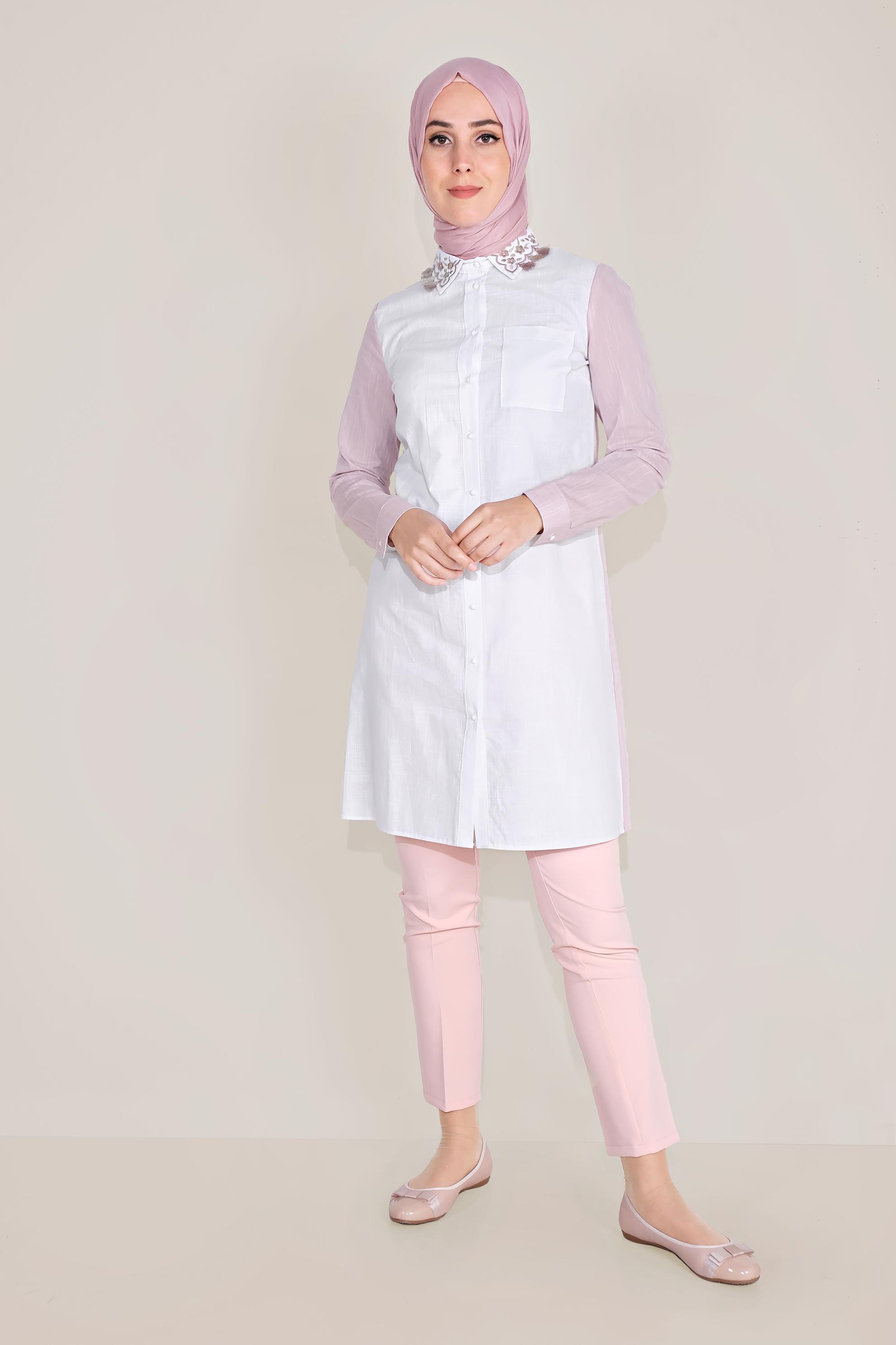 Tesettür giyim PUDRA PAMUKLU NAKIŞLI YAKA TUNİK 40596 