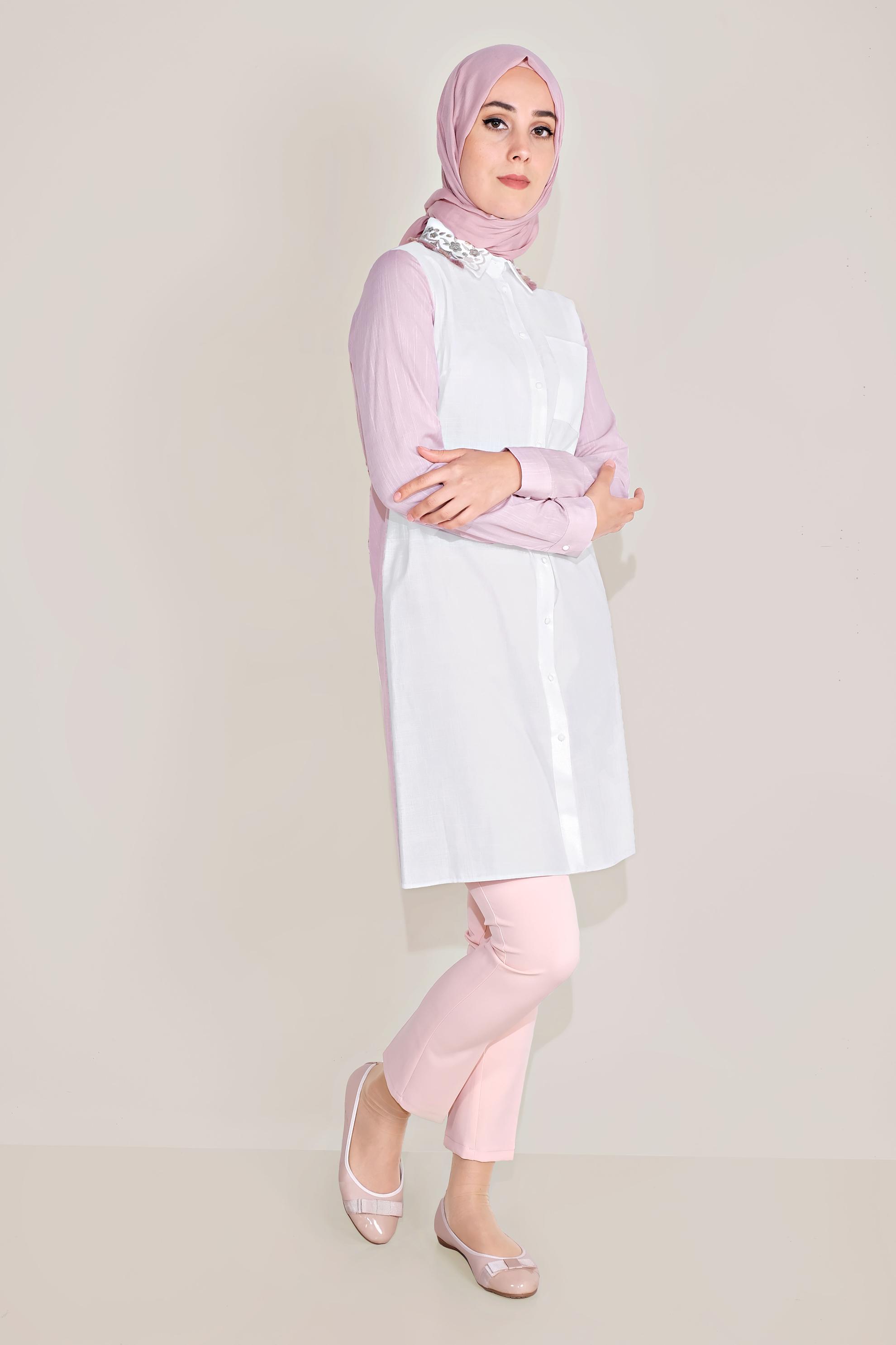 Tesettür giyim PUDRA PAMUKLU NAKIŞLI YAKA TUNİK 40596 