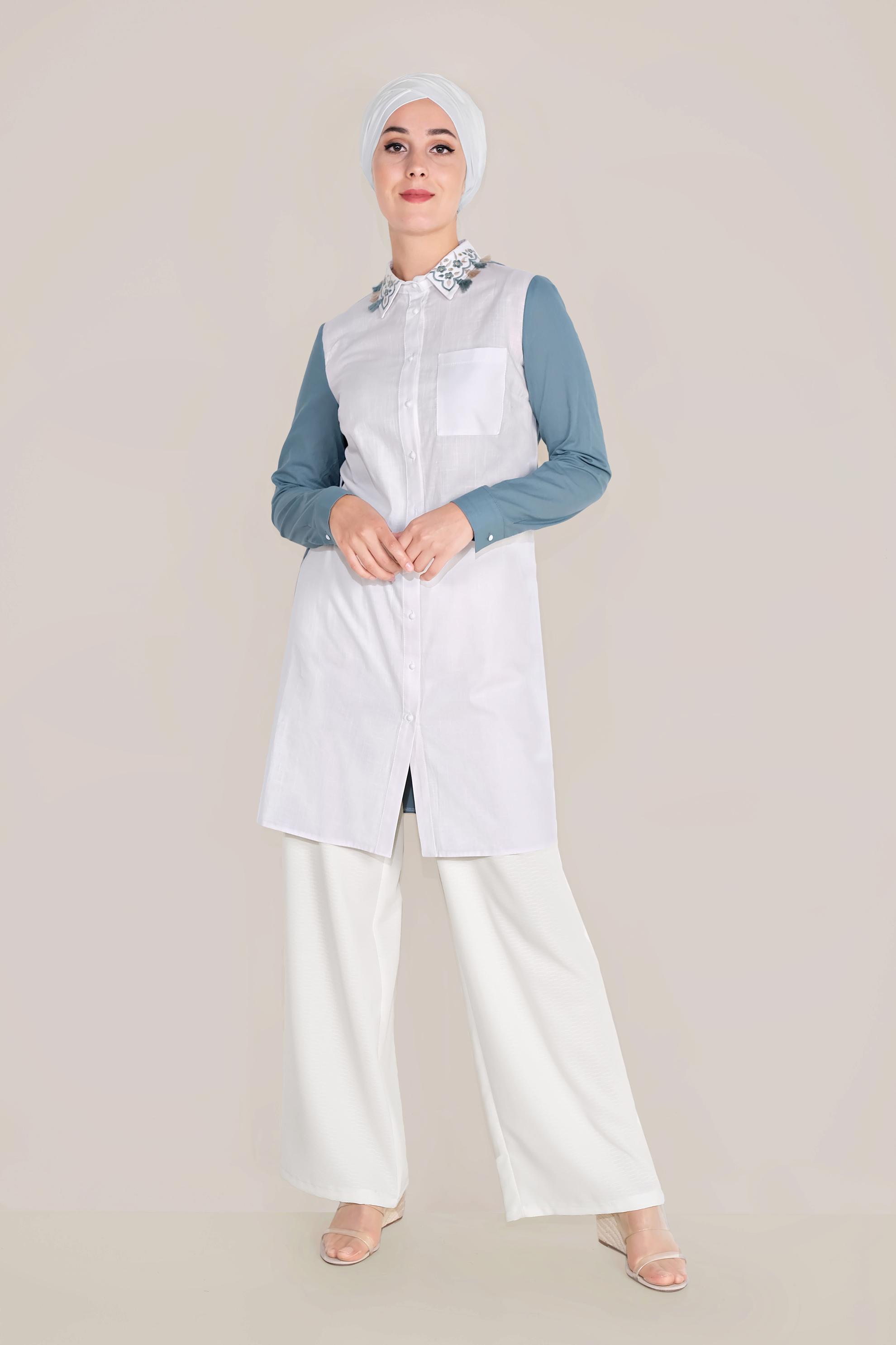 Tesettür giyim MAVİ PAMUKLU NAKIŞLI YAKA TUNİK 40596 