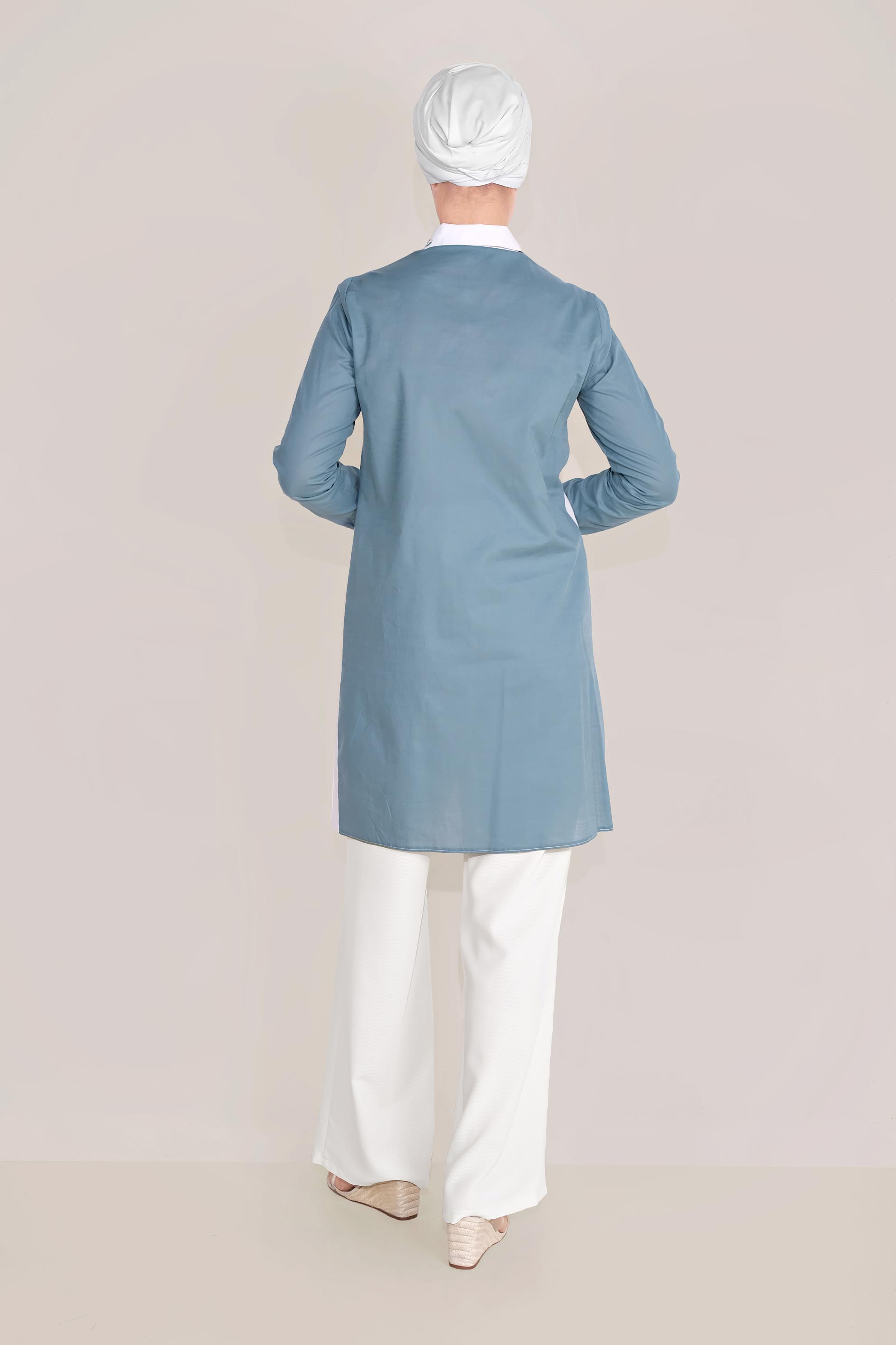 Tesettür giyim MAVİ PAMUKLU NAKIŞLI YAKA TUNİK 40596 