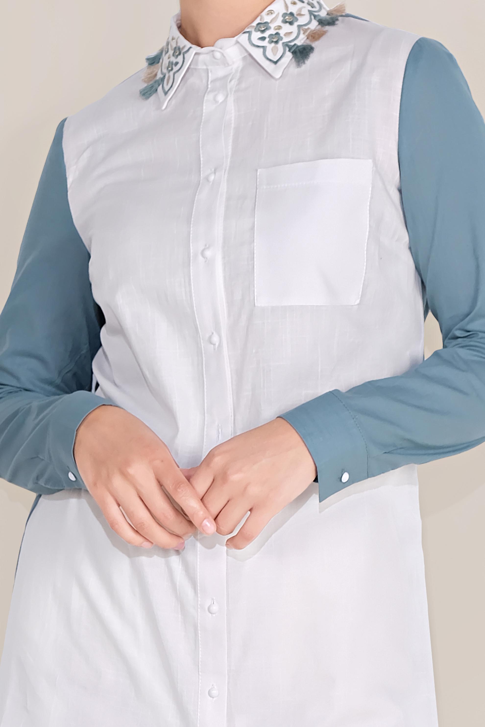 Tesettür giyim MAVİ PAMUKLU NAKIŞLI YAKA TUNİK 40596 