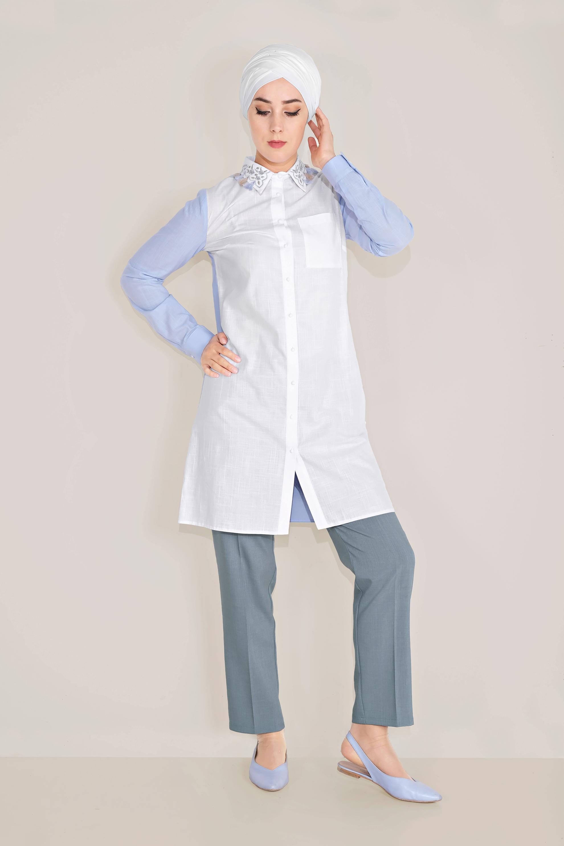 Tesettür giyim MAVİ PAMUKLU NAKIŞLI YAKA TUNİK 40596 