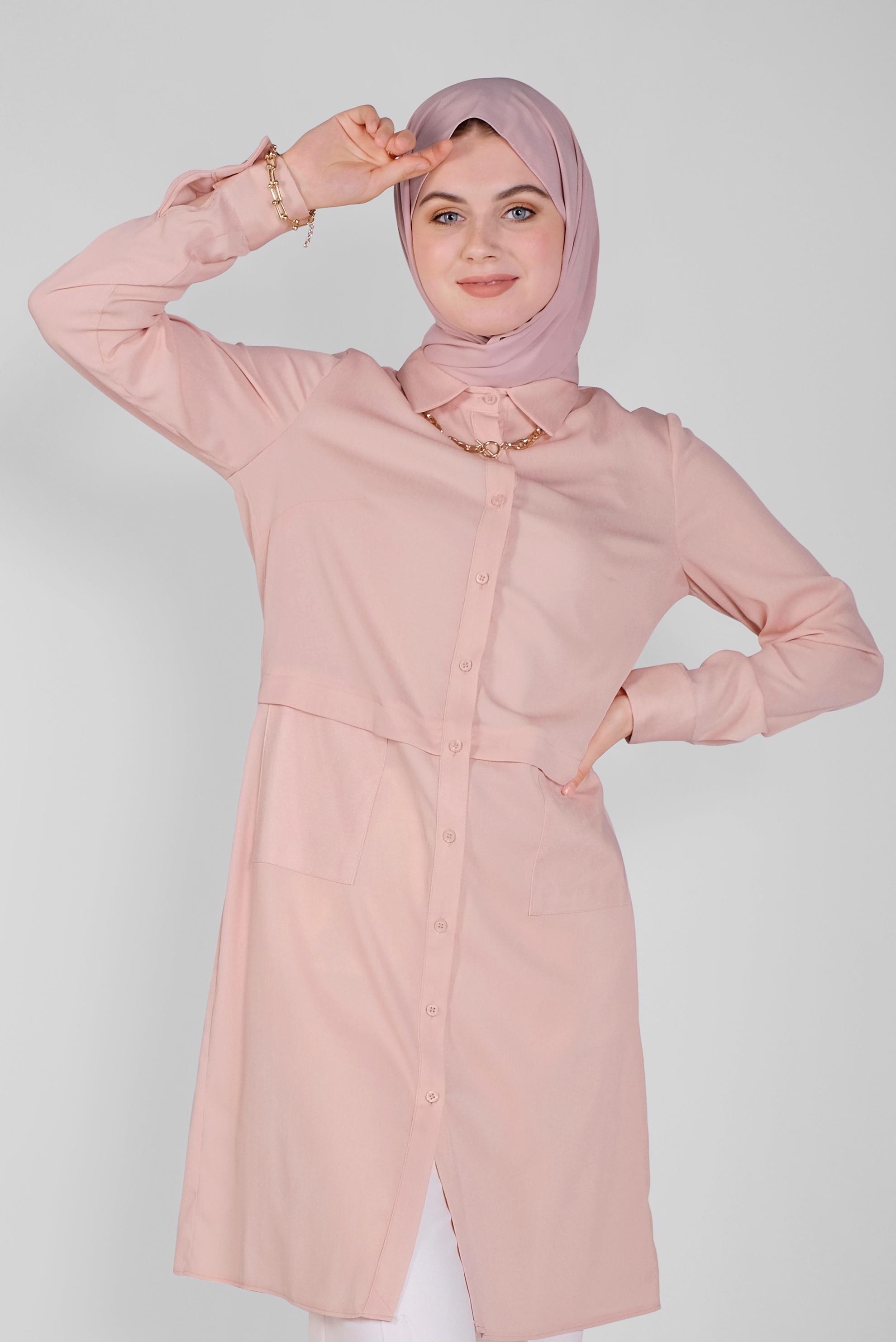 Tesettür giyim PUDRA BOYDAN DÜĞMELİ TUNİK 40614 