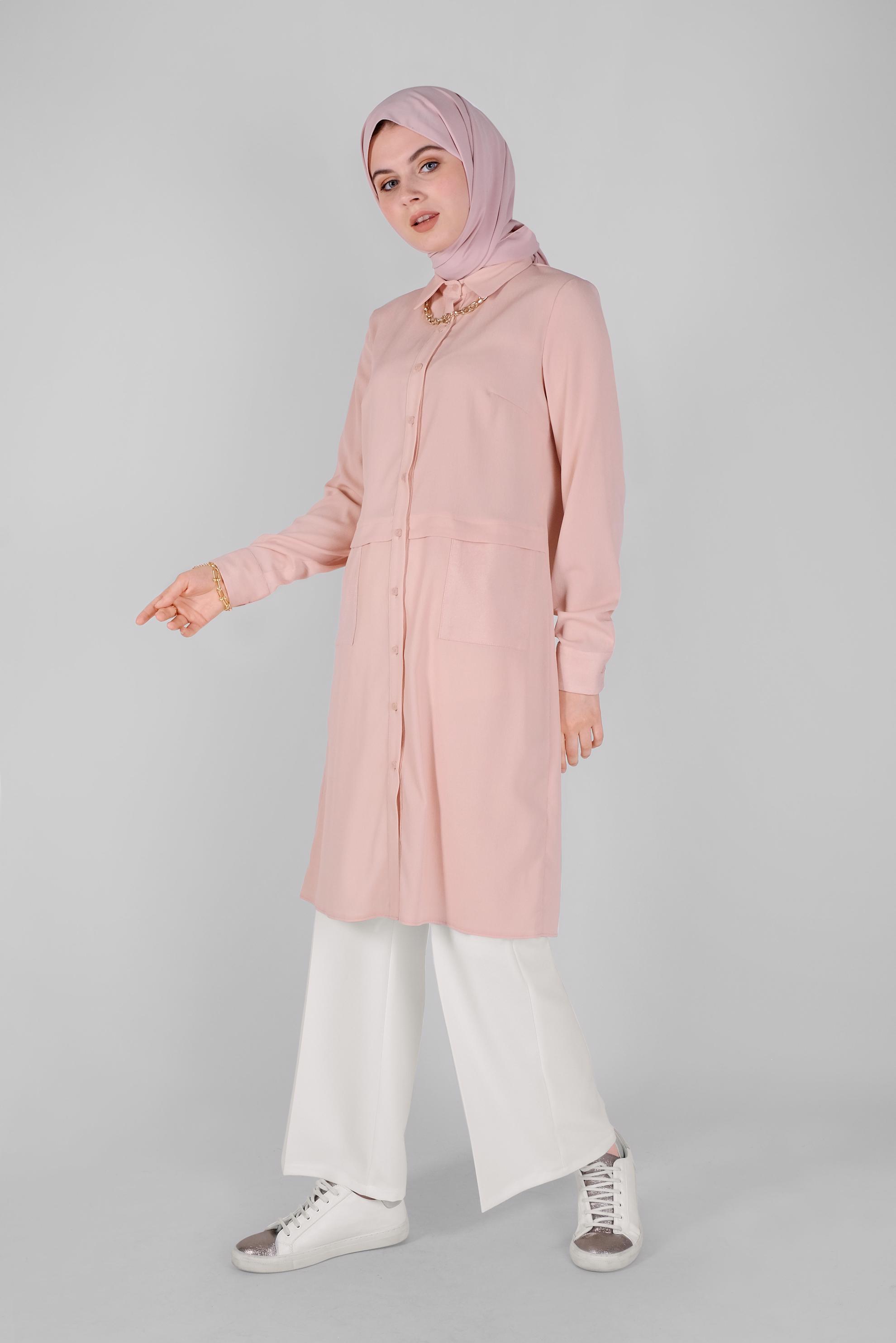 Tesettür giyim PUDRA BOYDAN DÜĞMELİ TUNİK 40614 