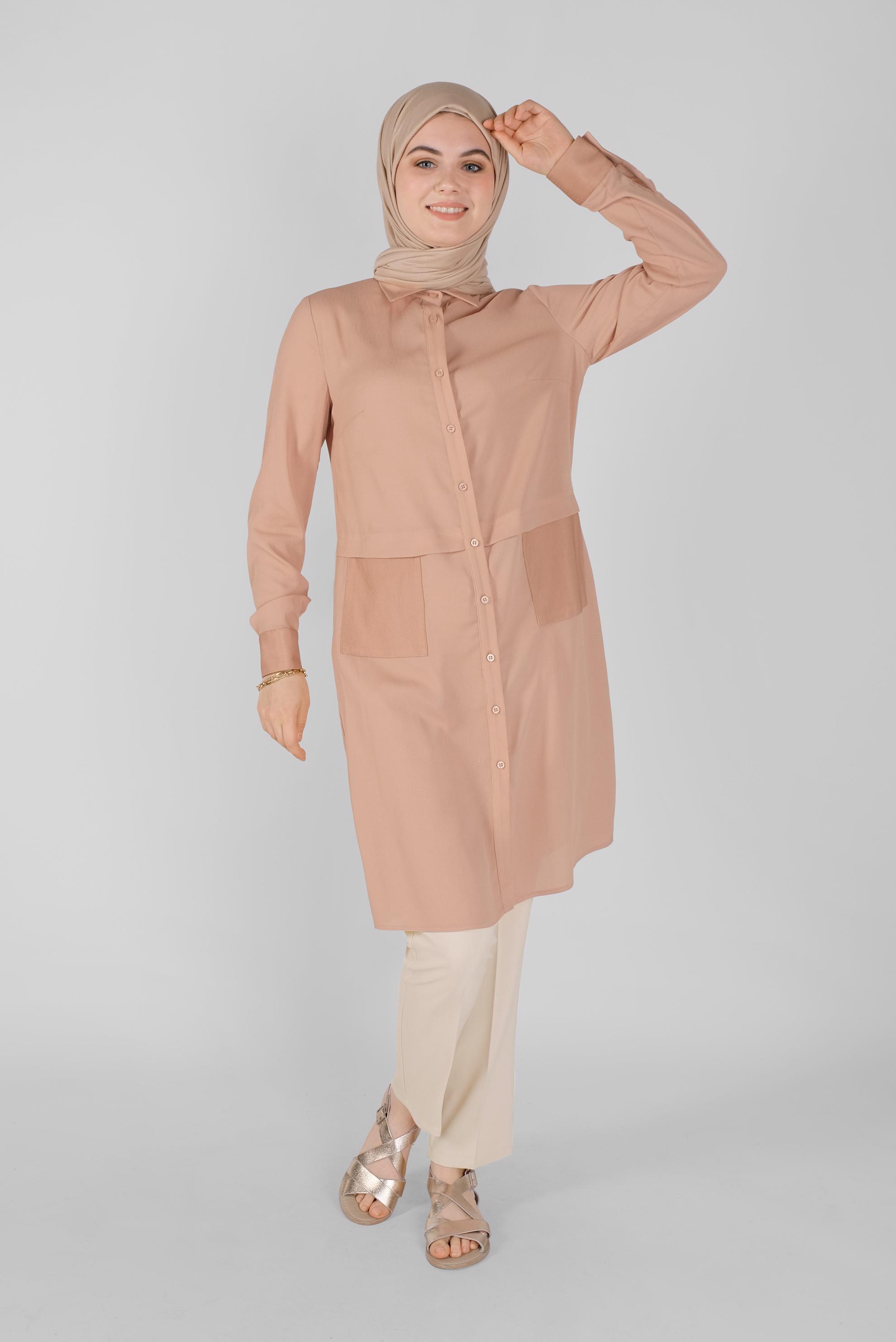 Tesettür giyim PUDRA BOYDAN DÜĞMELİ TUNİK 40614 