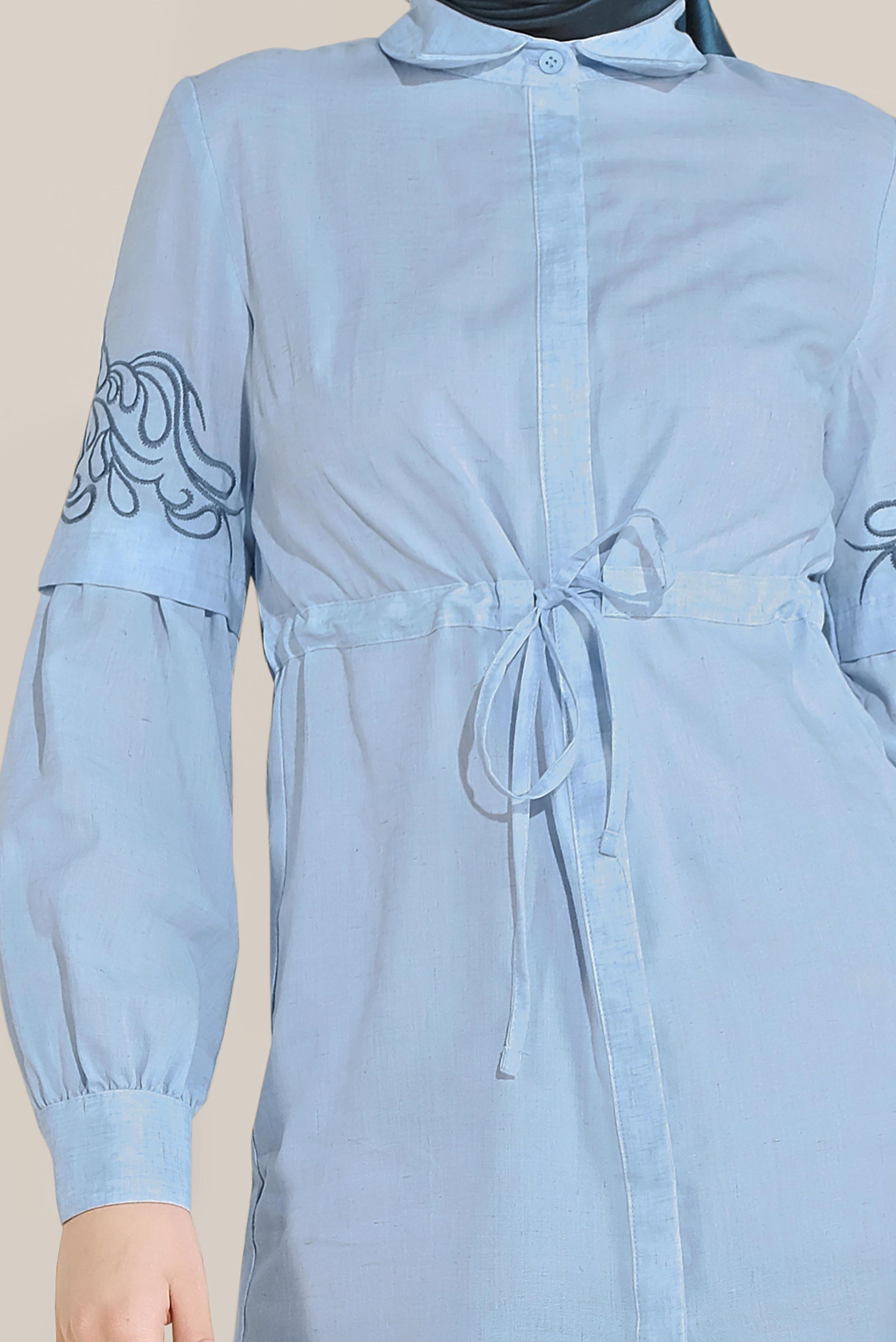 Tesettür giyim MAVİ KOLLARI NAKIŞLI BELİ LASTİKLİ TUNİK 40616