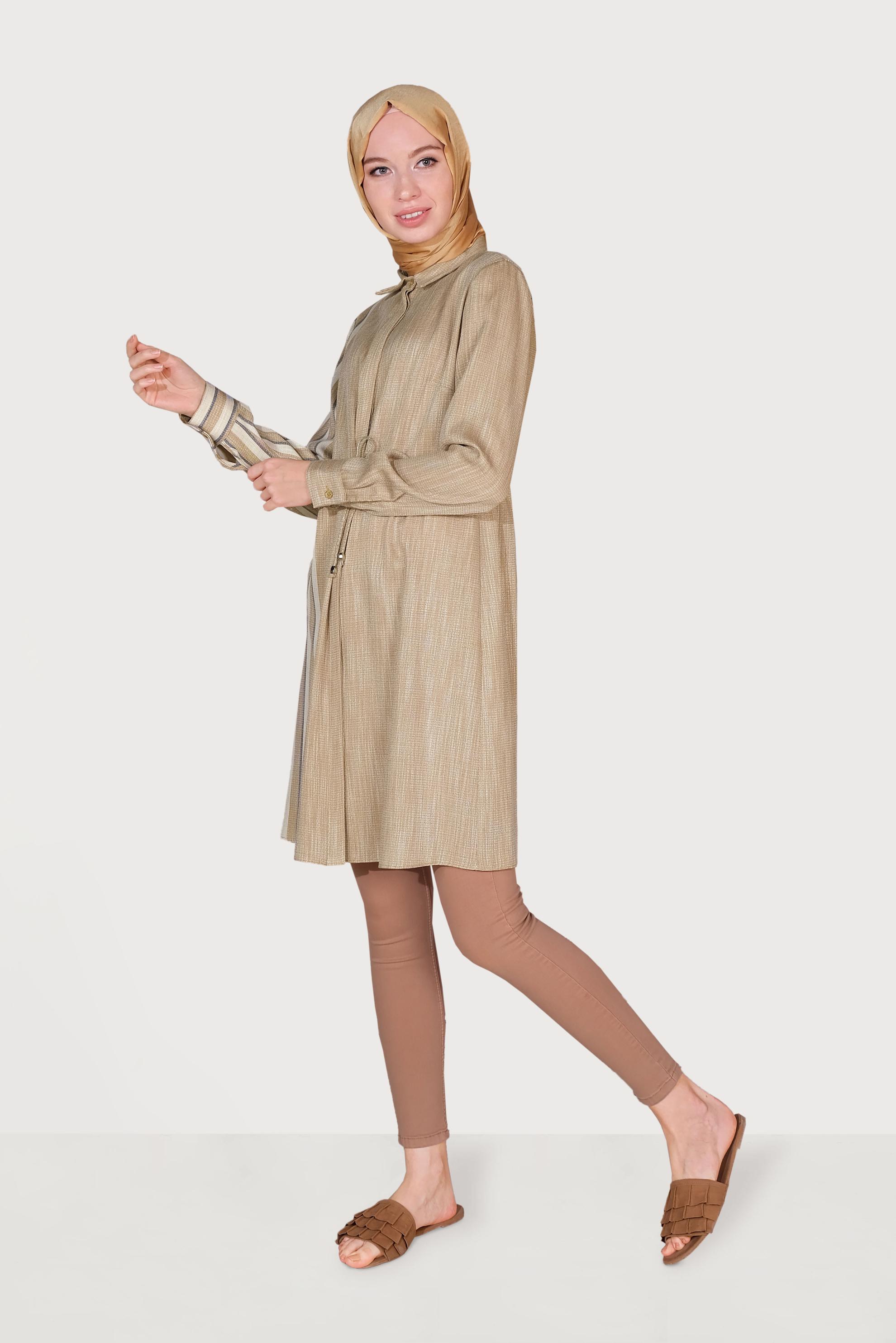 Tesettür giyim SARI BELİ BAĞCIKLI ÇİZGİLİ TUNİK 40620