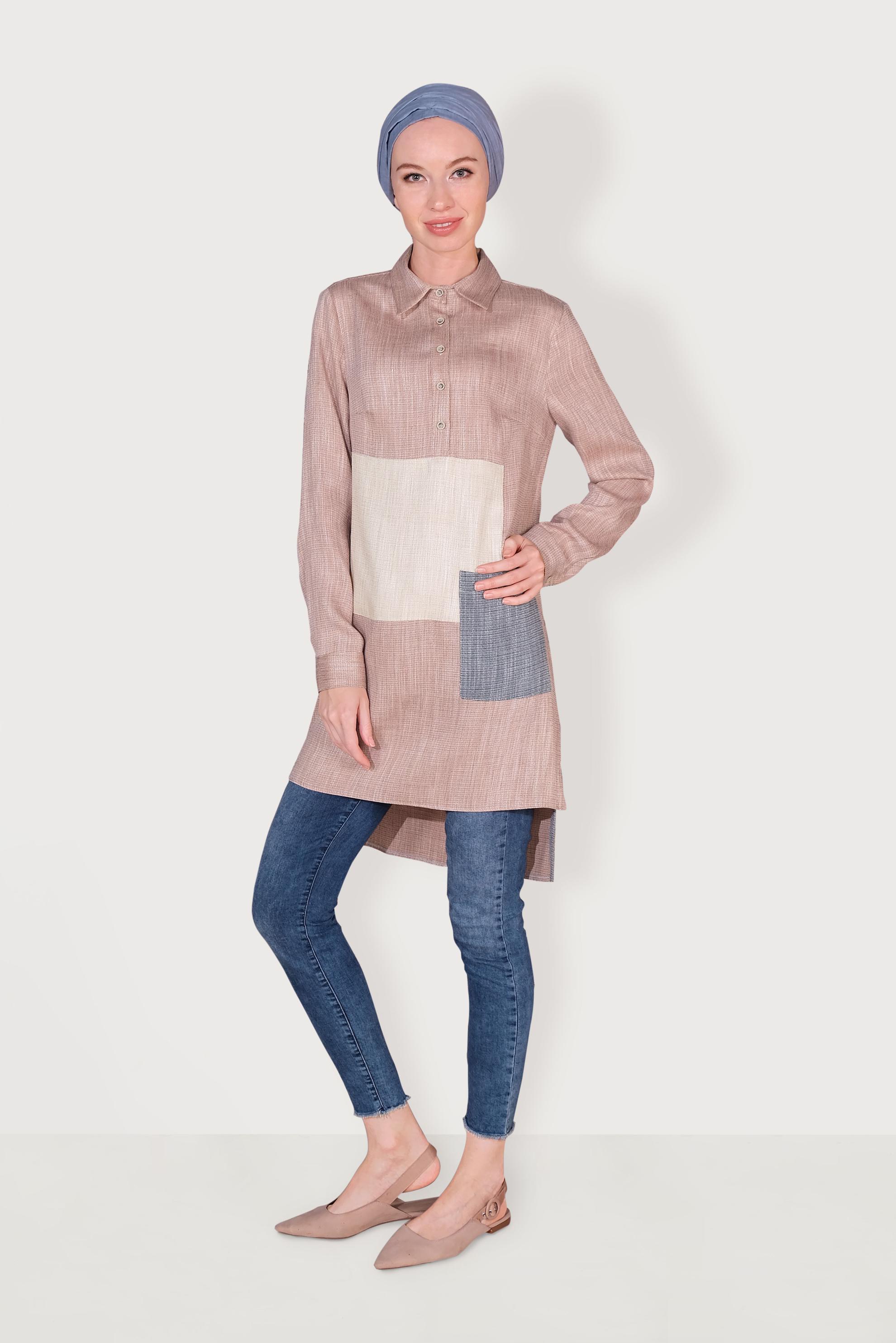 Tesettür giyim TURUNCU ASİMETRİK KESİM DÜĞMELİ TUNİK 40624	