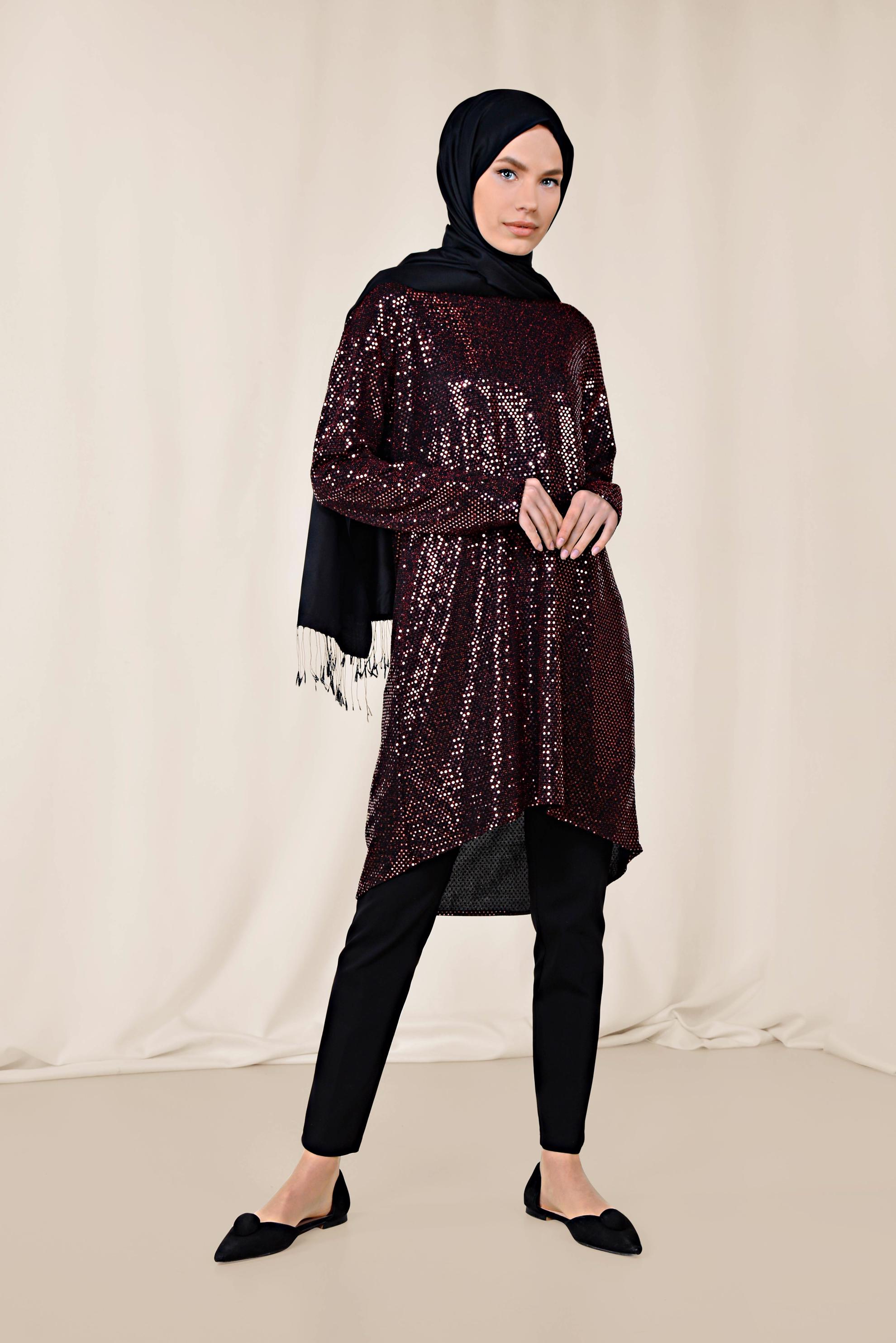 Tesettür giyim BORDO PUL PAYETLİ TUNİK 4063