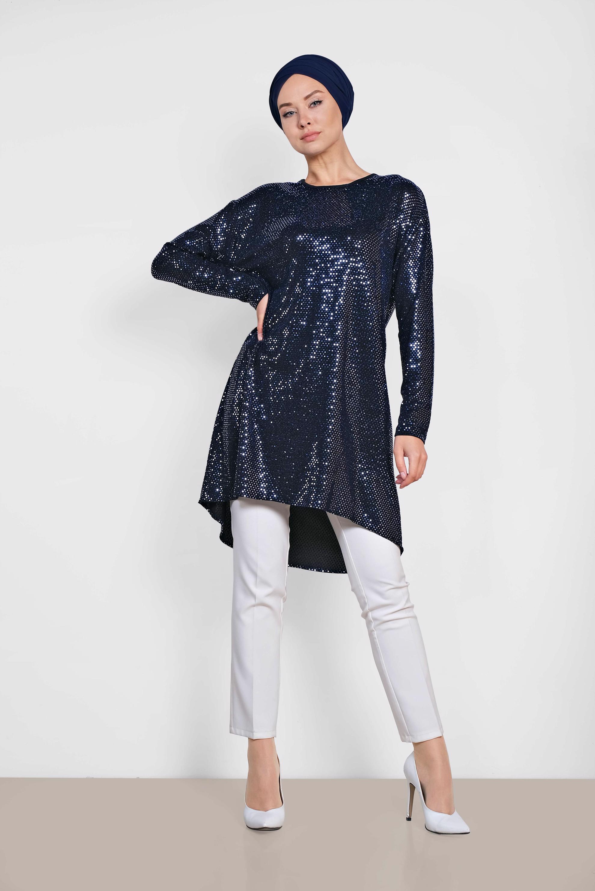 Tesettür giyim LACİVERT PUL PAYETLİ TUNİK 4063