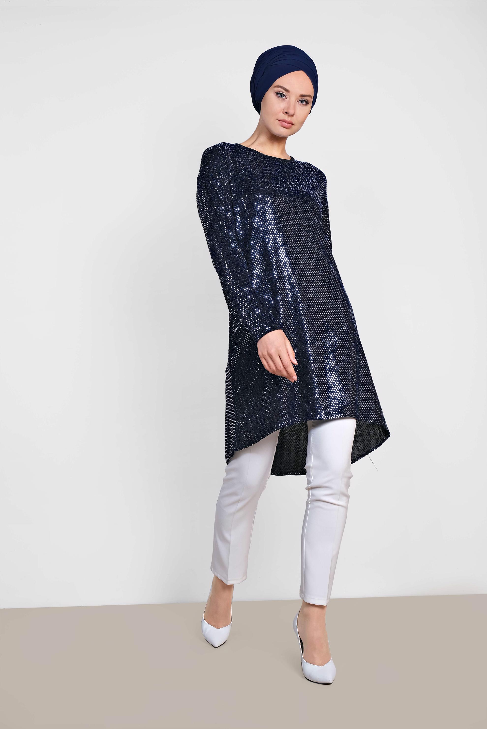 Tesettür giyim LACİVERT PUL PAYETLİ TUNİK 4063