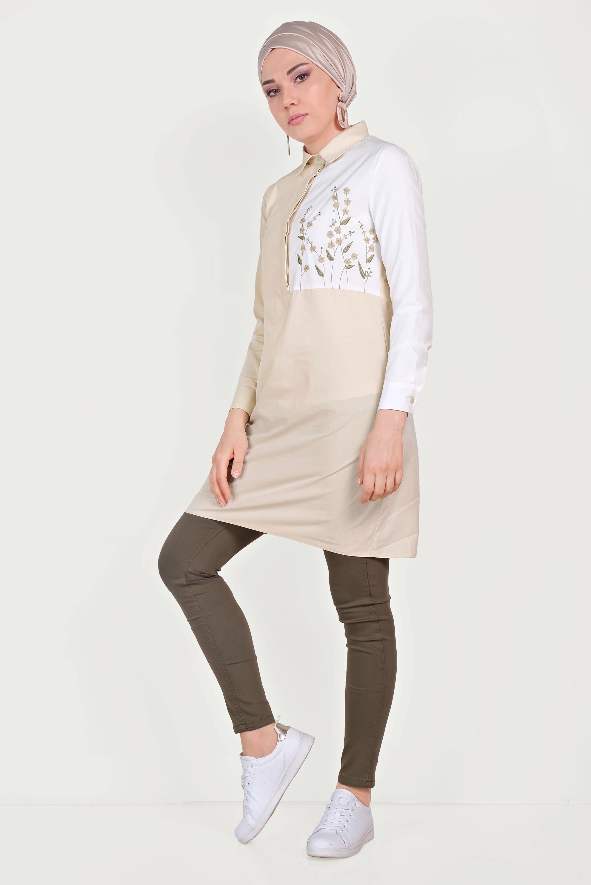Tesettür giyim BEJ NAKIŞLI PAMUKLU TUNİK 40637