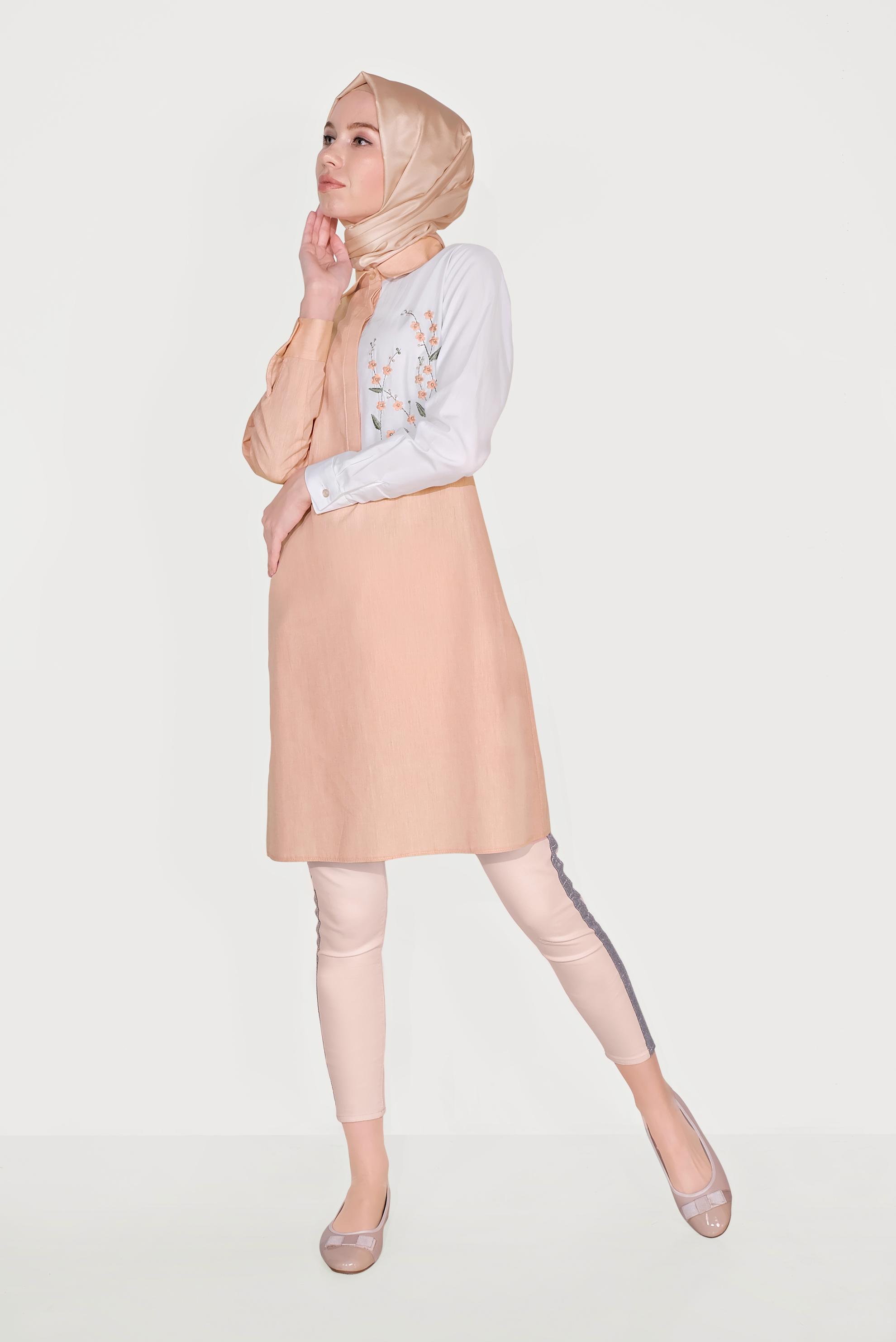 Tesettür giyim TURUNCU NAKIŞLI PAMUKLU TUNİK 40637