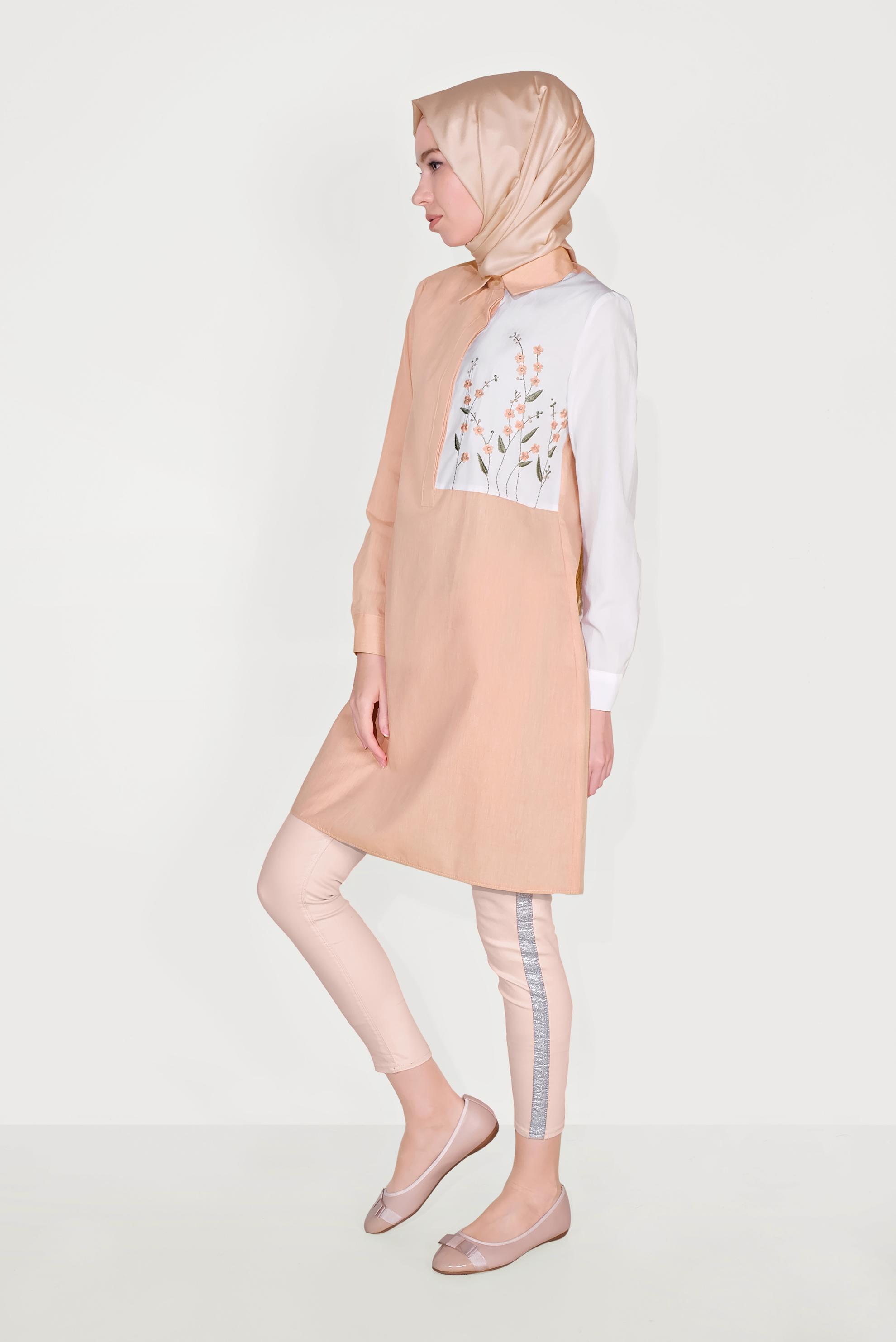 Tesettür giyim TURUNCU NAKIŞLI PAMUKLU TUNİK 40637