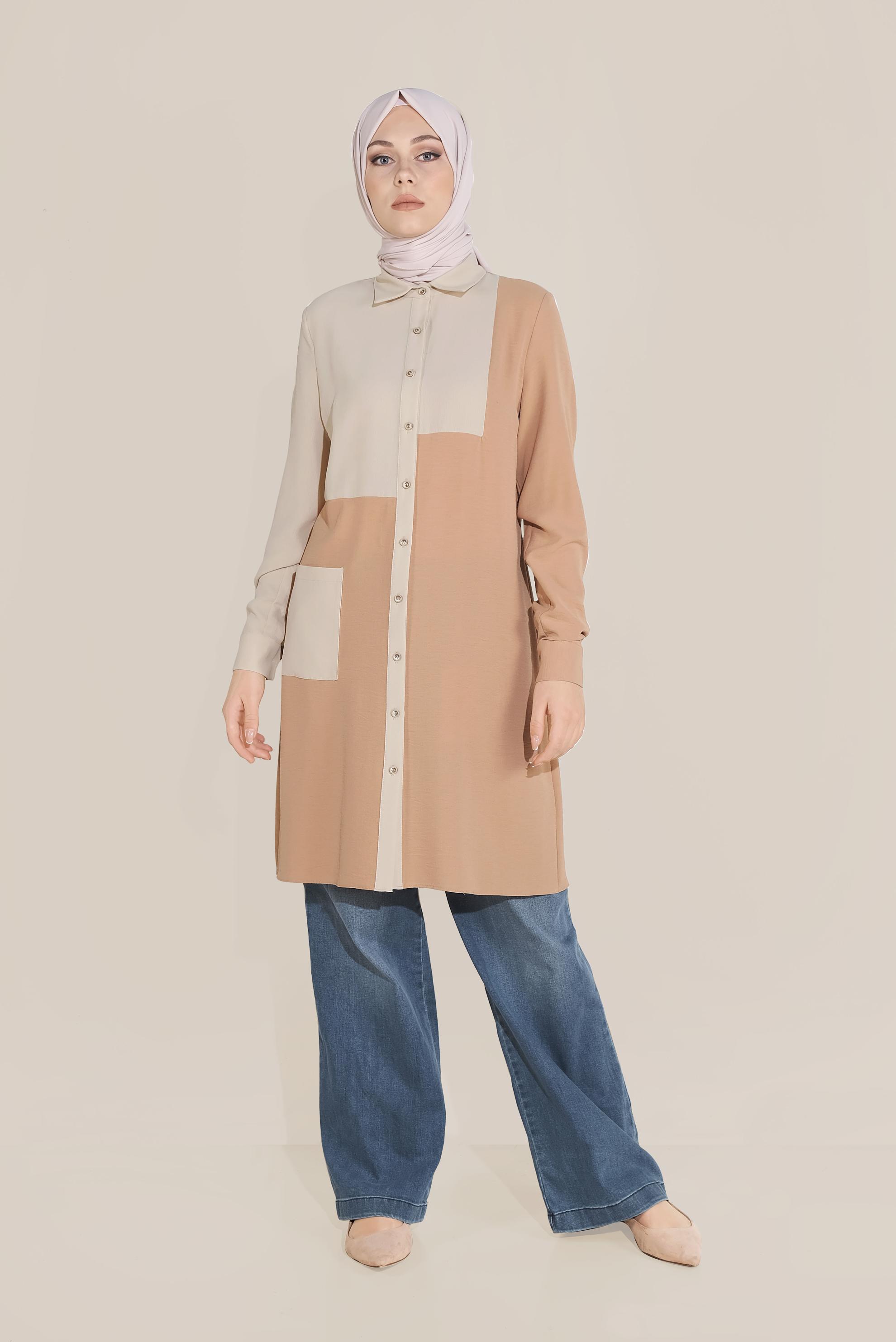 Tesettür giyim KAHVE BOYDAN DÜĞMELİ MİX KUMAŞLI TUNİK  40644 