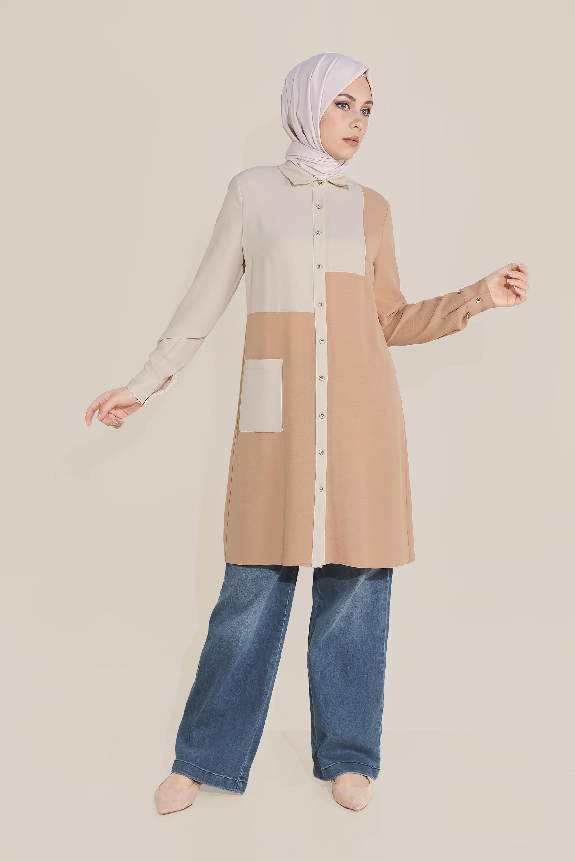 Tesettür giyim KAHVE BOYDAN DÜĞMELİ MİX KUMAŞLI TUNİK  40644 
