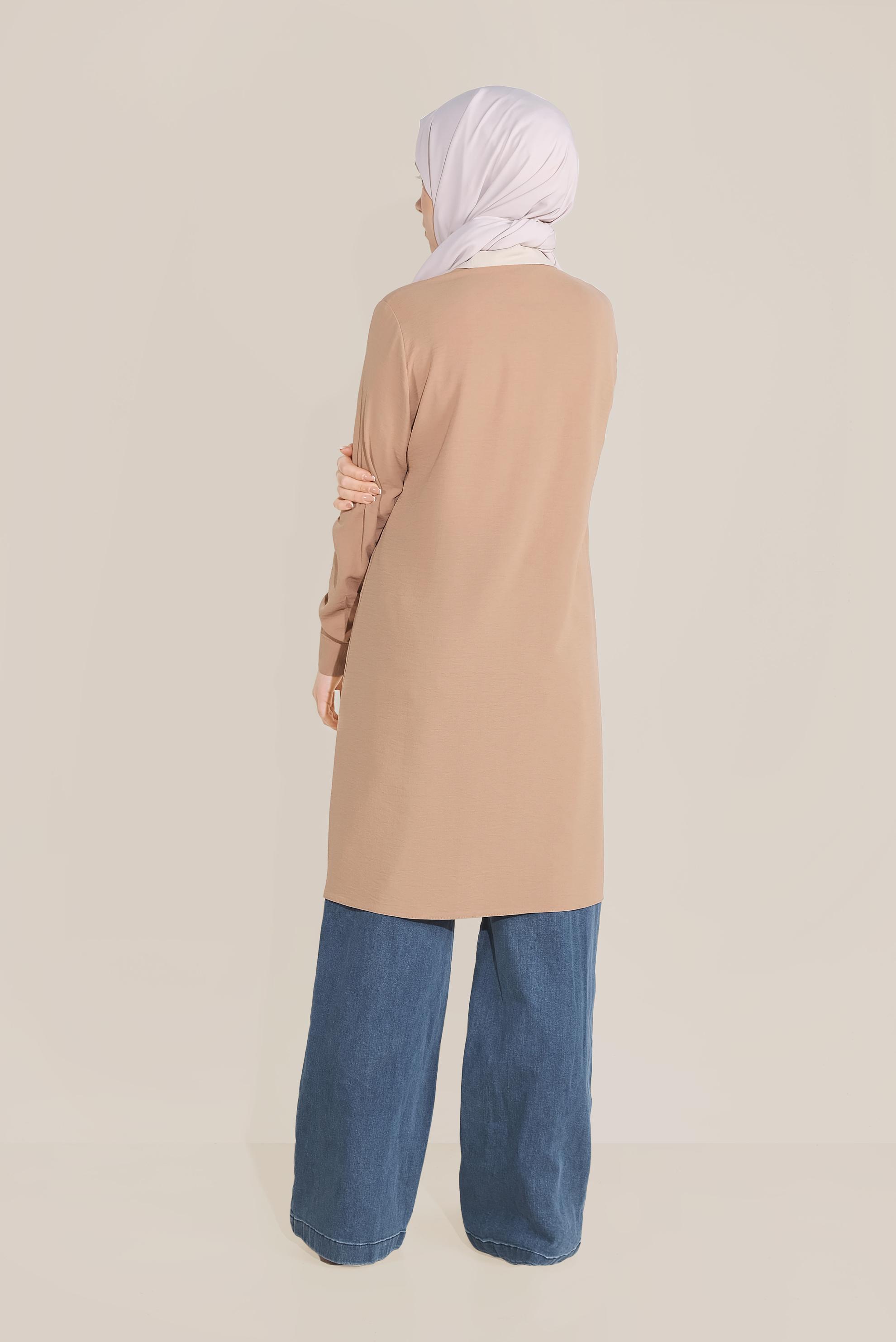 Tesettür giyim KAHVE BOYDAN DÜĞMELİ MİX KUMAŞLI TUNİK  40644 